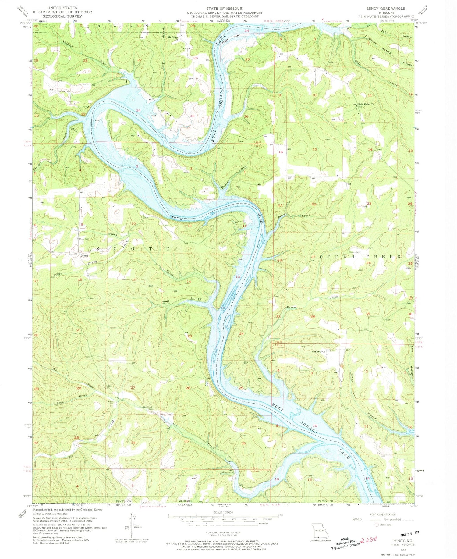 Classic USGS Mincy Missouri 7.5'x7.5' Topo Map Image