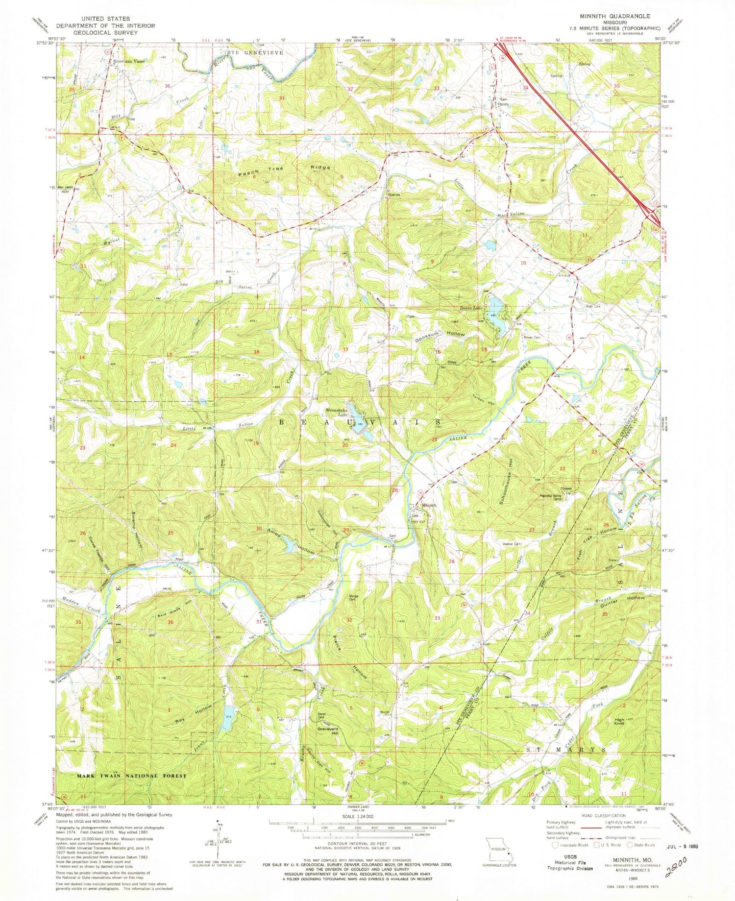 Classic USGS Minnith Missouri 7.5'x7.5' Topo Map Image