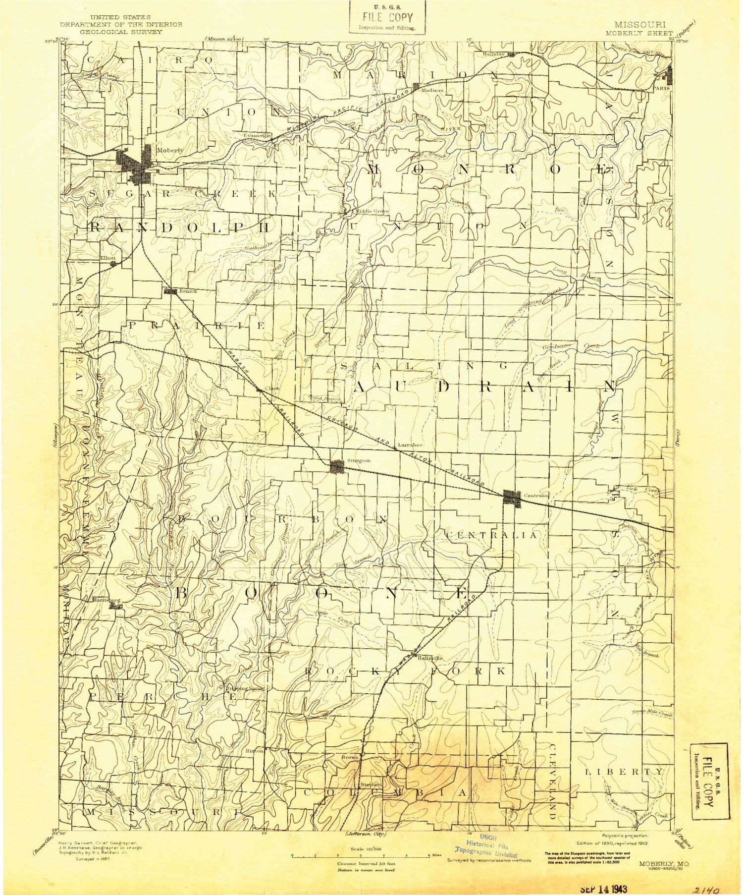Historic 1890 Moberly Missouri 30'x30' Topo Map Image