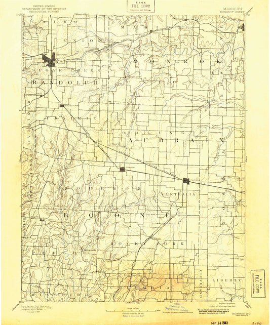 Historic 1890 Moberly Missouri 30'x30' Topo Map Image