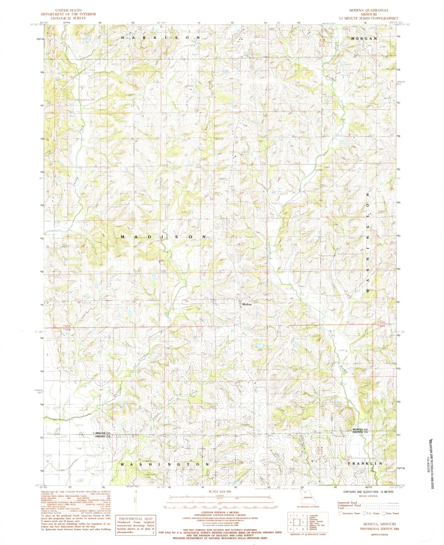 Classic USGS Modena Missouri 7.5'x7.5' Topo Map Image