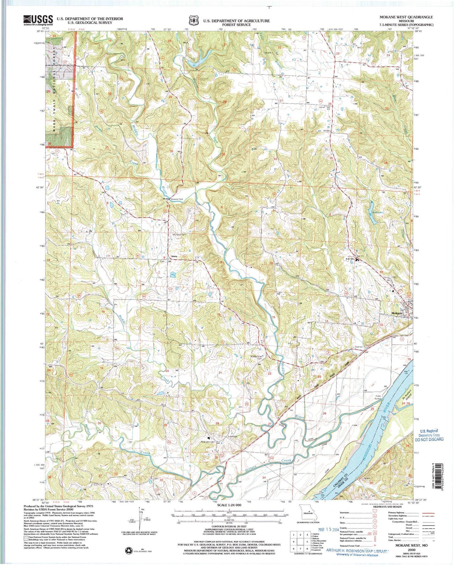 Classic USGS Mokane East Missouri 7.5'x7.5' Topo Map Image