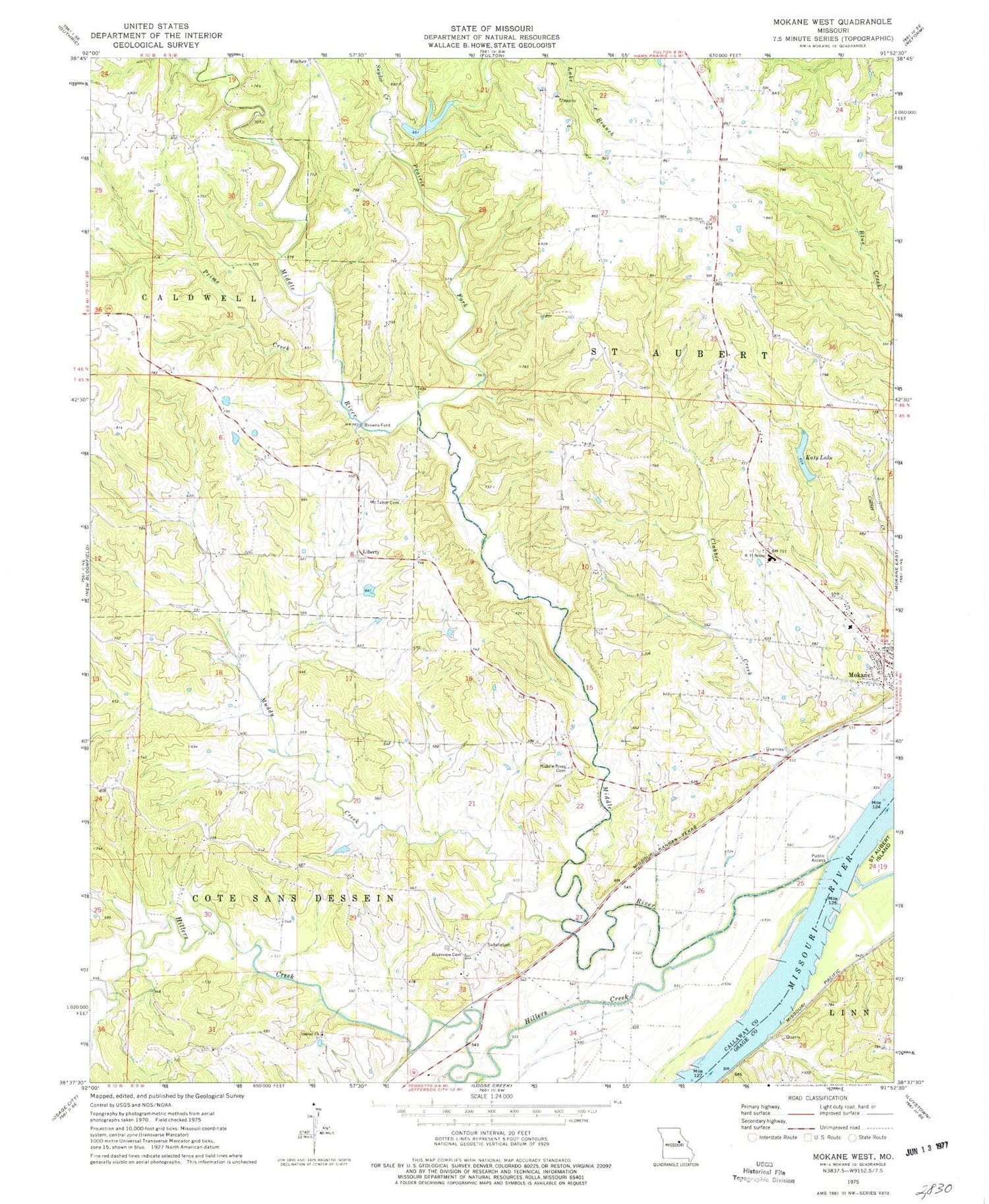 Classic USGS Mokane West Missouri 7.5'x7.5' Topo Map Image