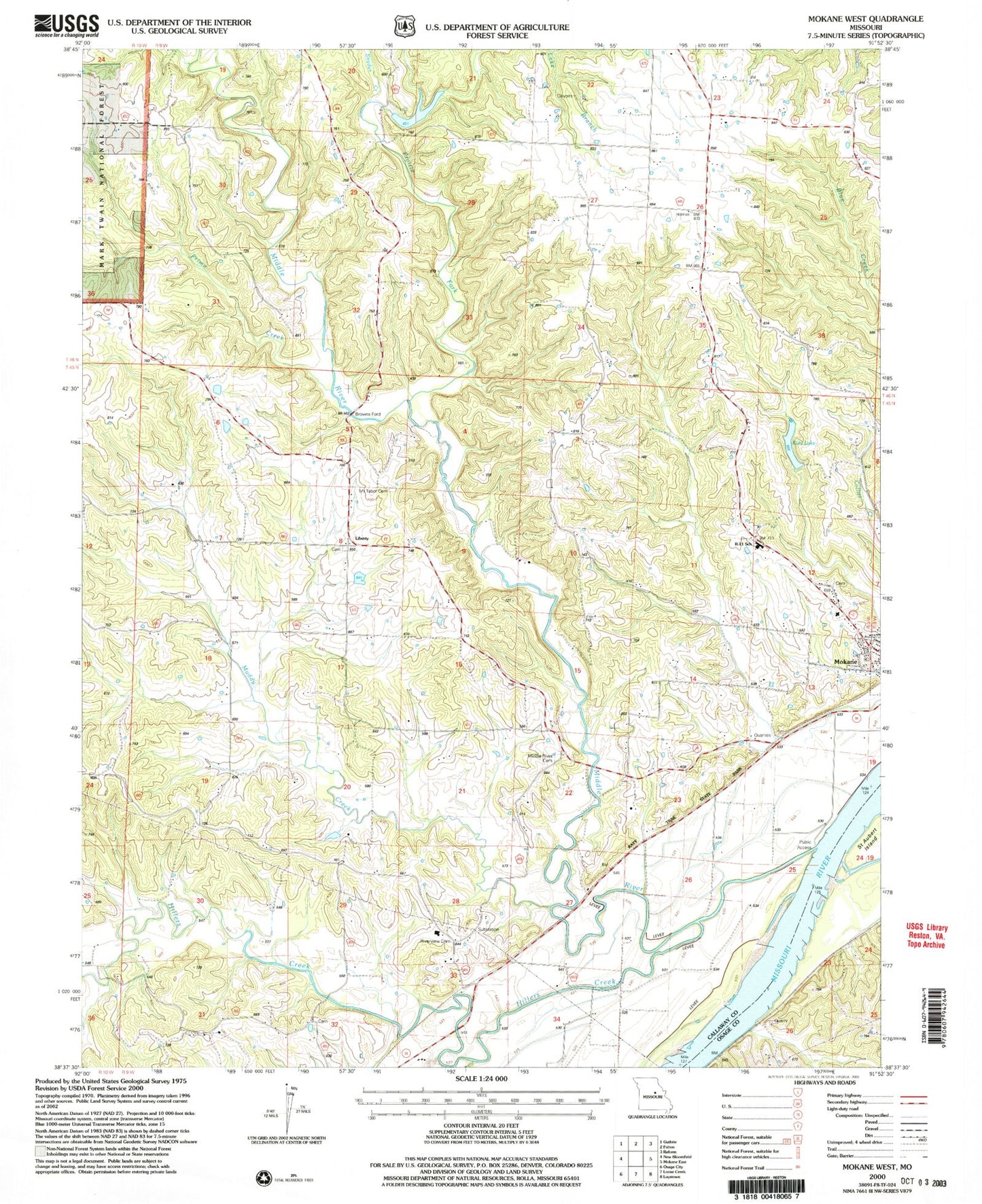 Classic USGS Mokane West Missouri 7.5'x7.5' Topo Map Image