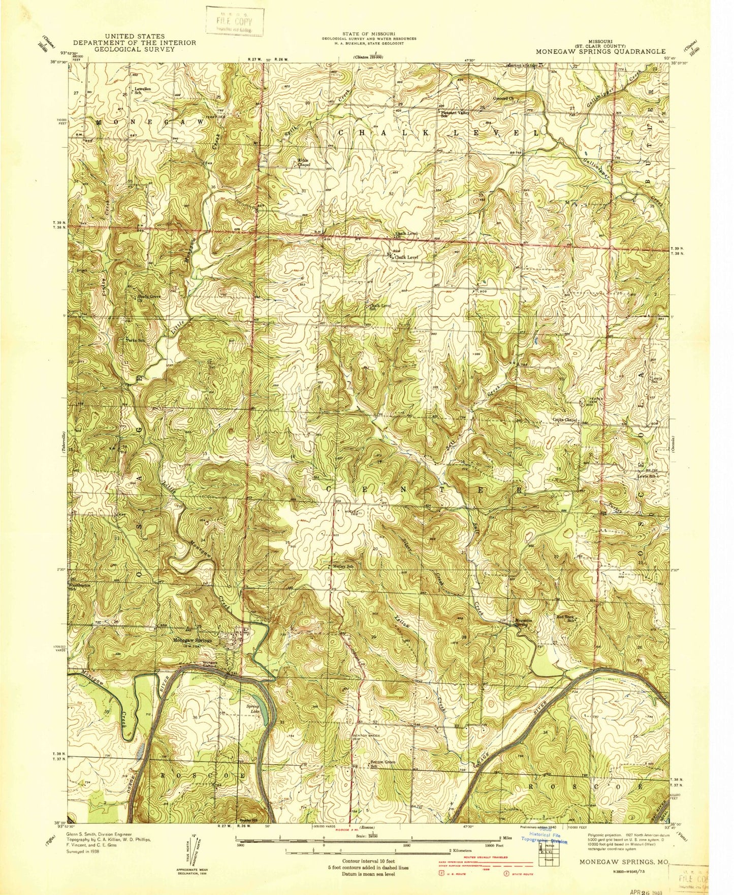 Classic USGS Monegaw Springs Missouri 7.5'x7.5' Topo Map Image