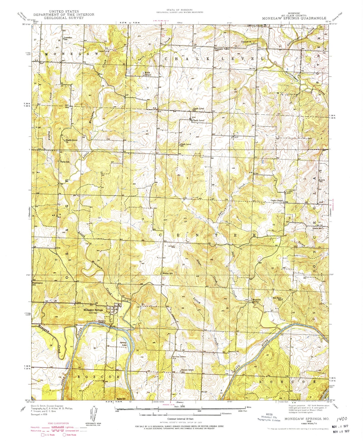 Classic USGS Monegaw Springs Missouri 7.5'x7.5' Topo Map Image