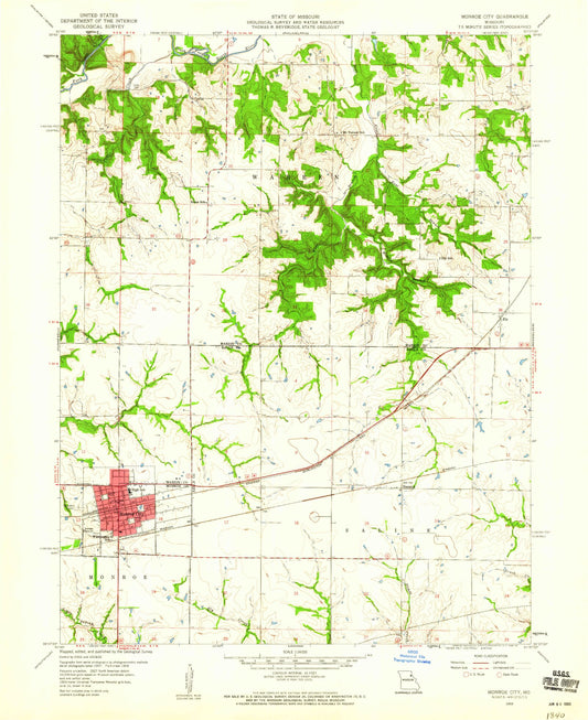 Classic USGS Monroe City Missouri 7.5'x7.5' Topo Map Image