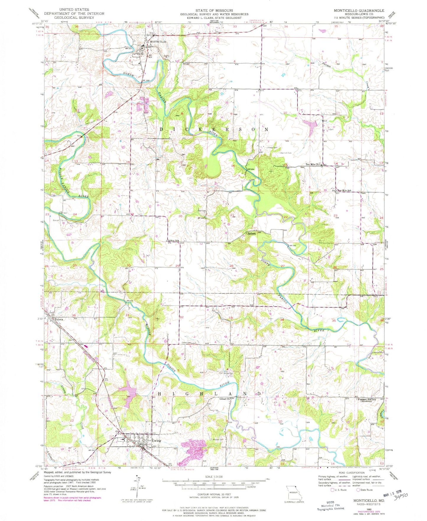 Classic USGS Monticello Missouri 7.5'x7.5' Topo Map Image