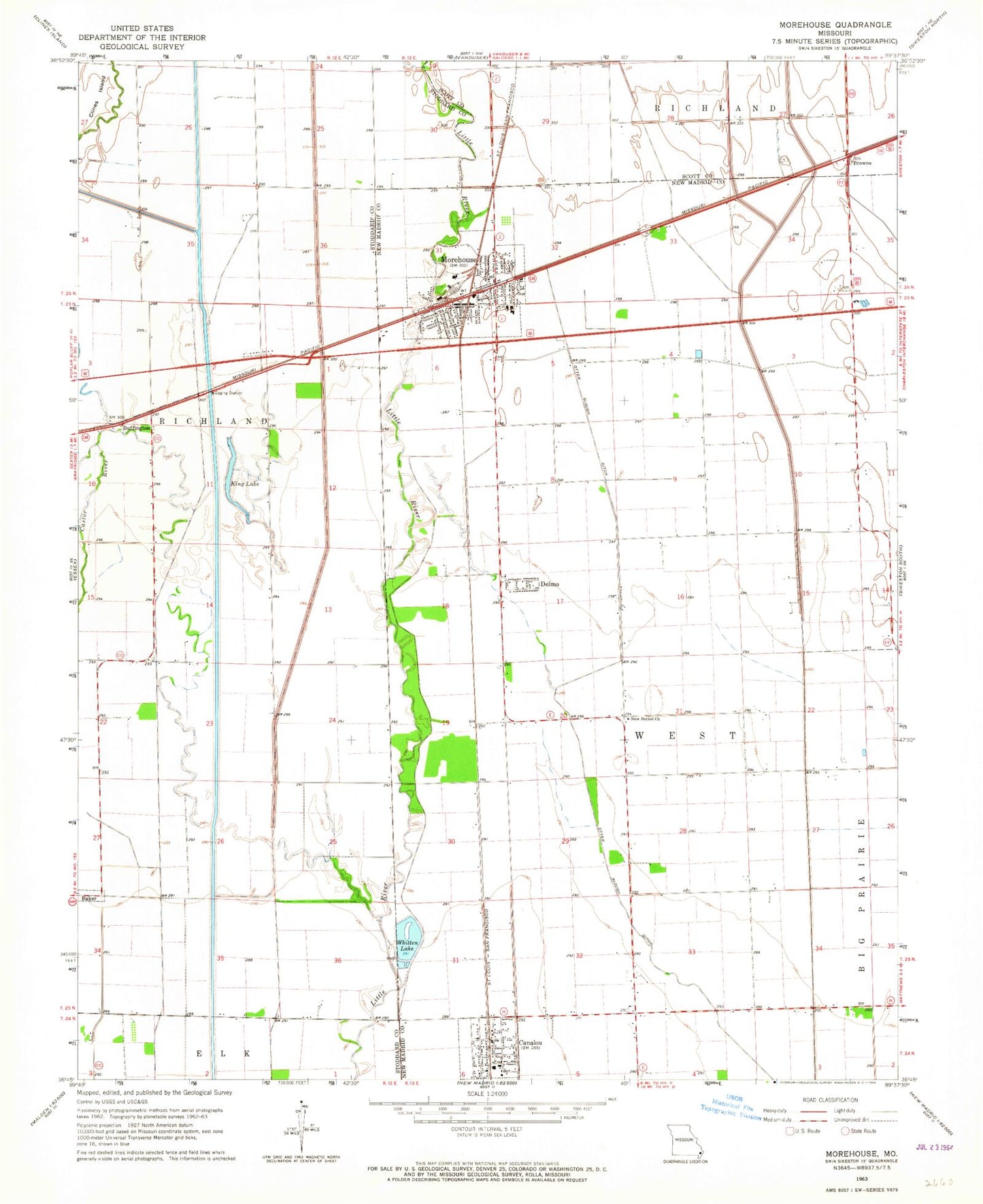 Classic USGS Morehouse Missouri 7.5'x7.5' Topo Map Image