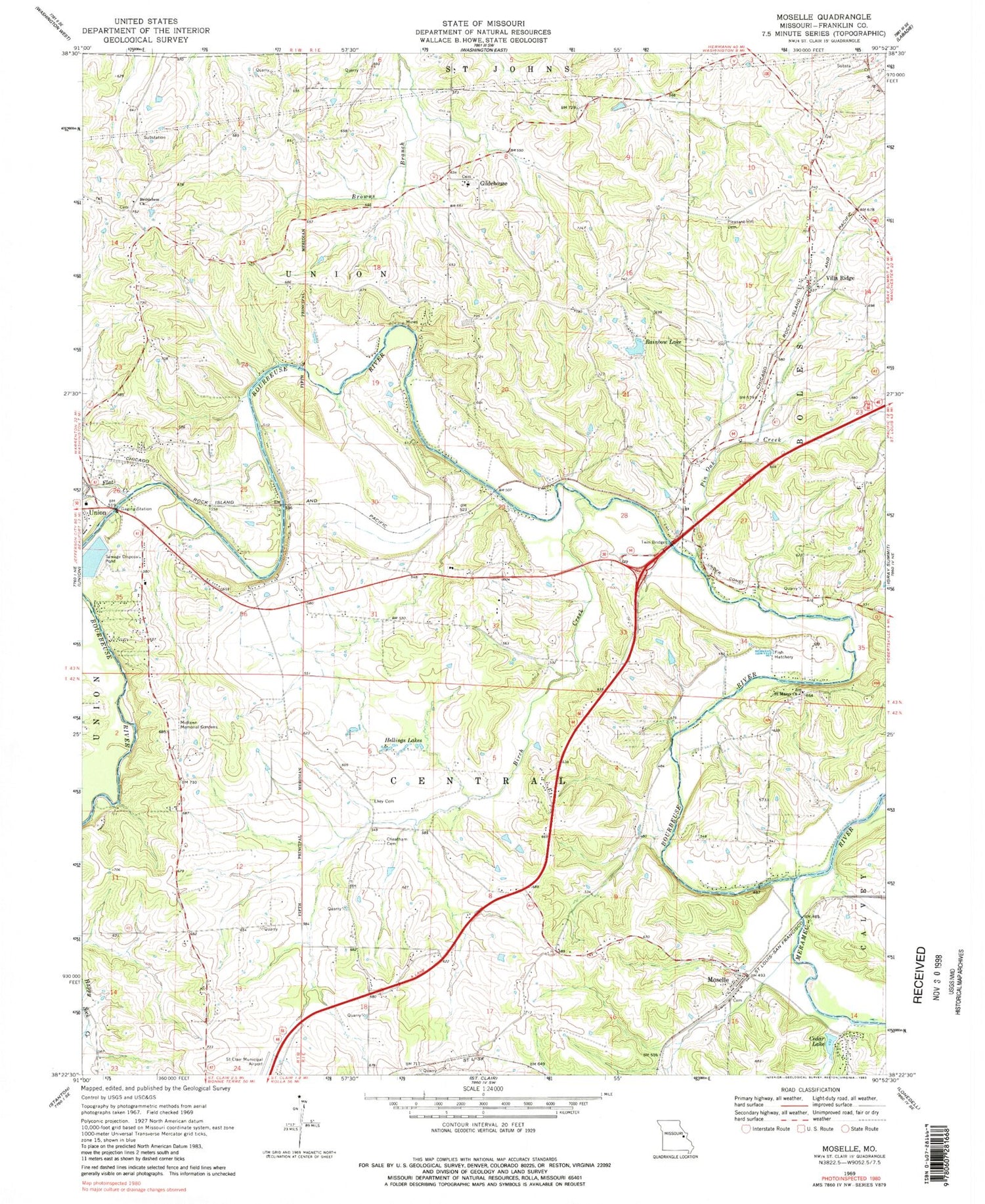 Classic USGS Moselle Missouri 7.5'x7.5' Topo Map Image