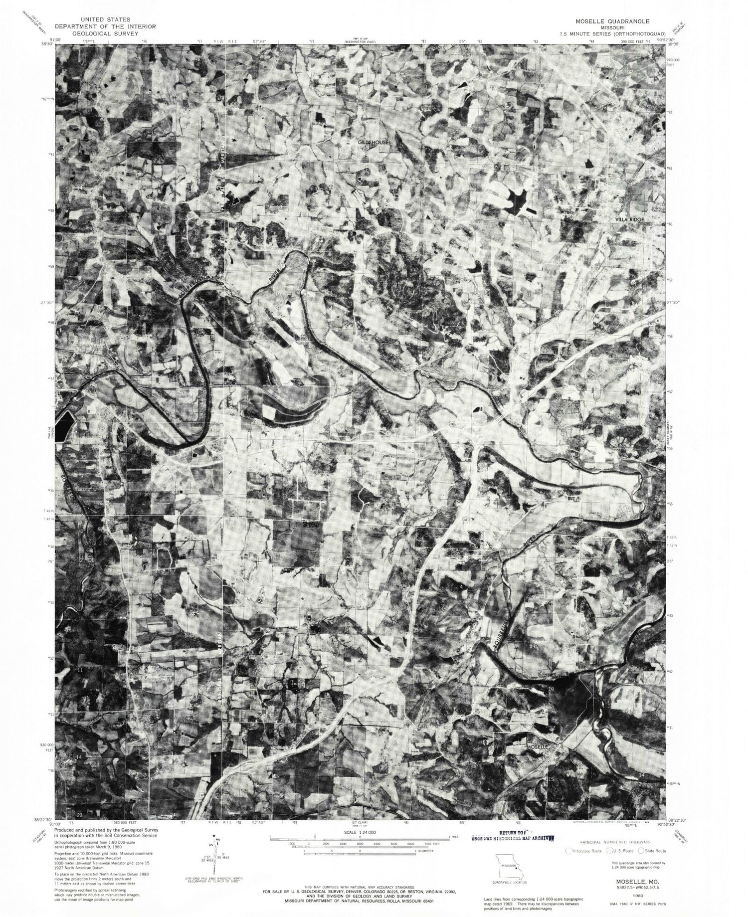 Classic USGS Moselle Missouri 7.5'x7.5' Topo Map Image