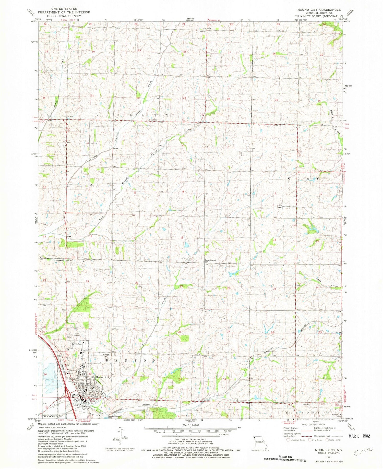 Classic USGS Mound City Missouri 7.5'x7.5' Topo Map Image
