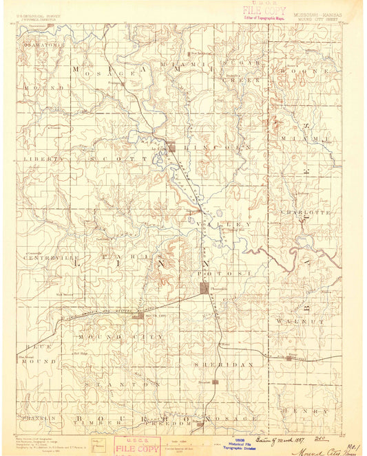 Historic 1887 Mound City Kansas 30'x30' Topo Map Image