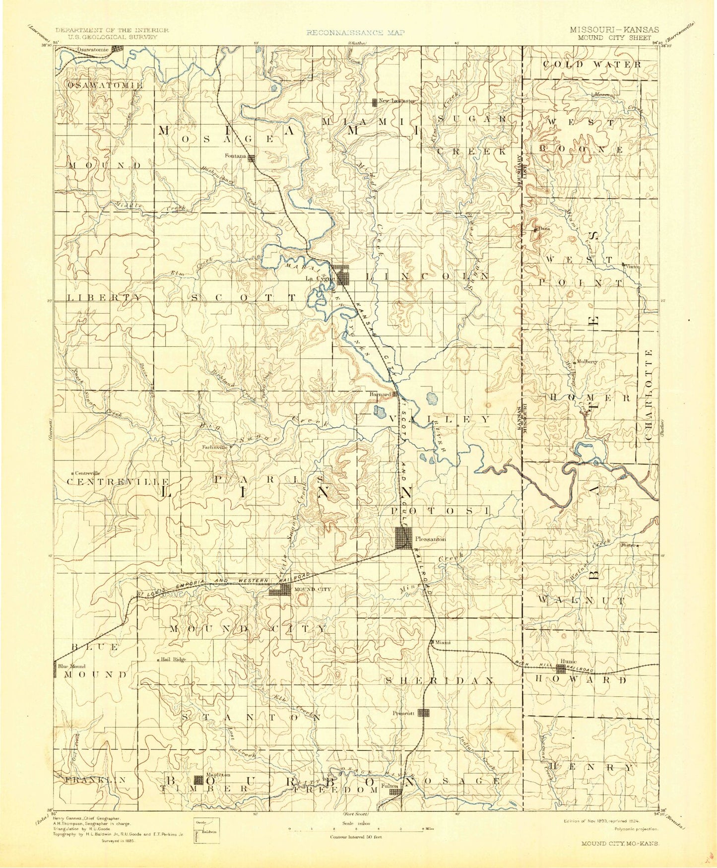 Historic 1893 Mound City Kansas 30'x30' Topo Map Image