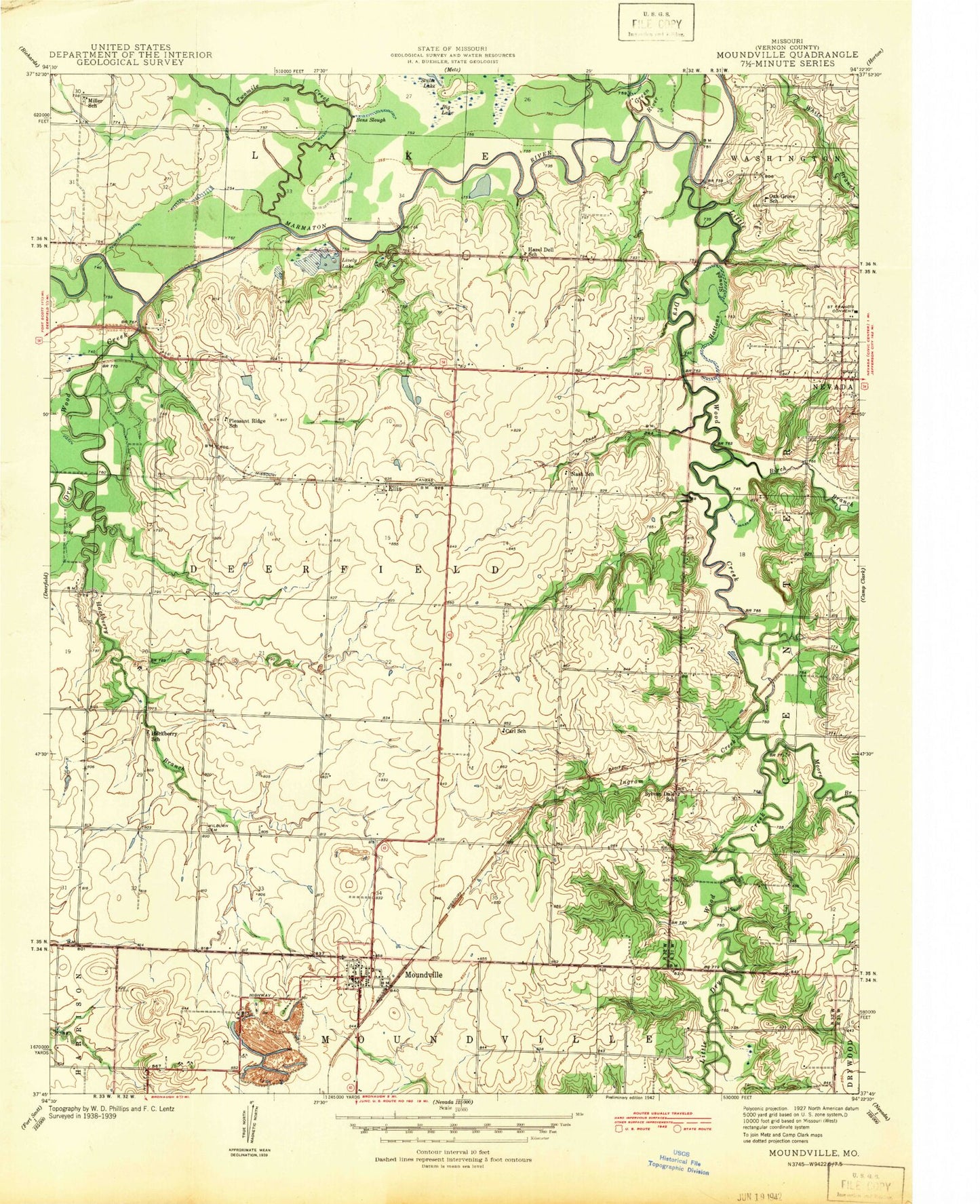 Classic USGS Moundville Missouri 7.5'x7.5' Topo Map Image