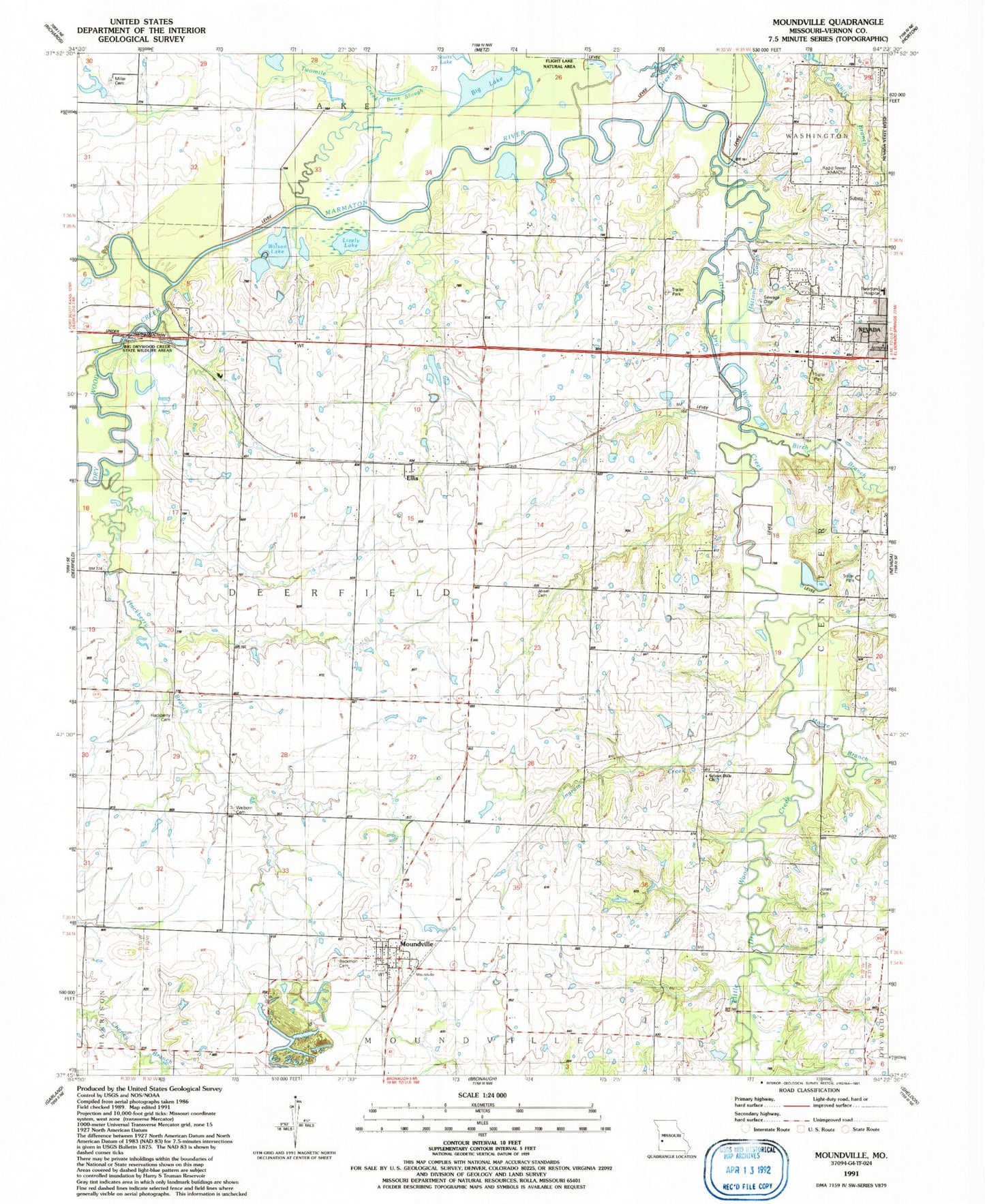 Classic USGS Moundville Missouri 7.5'x7.5' Topo Map Image