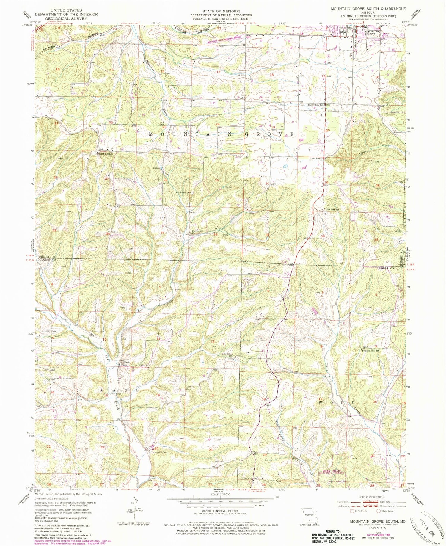 Classic USGS Mountain Grove South Missouri 7.5'x7.5' Topo Map Image