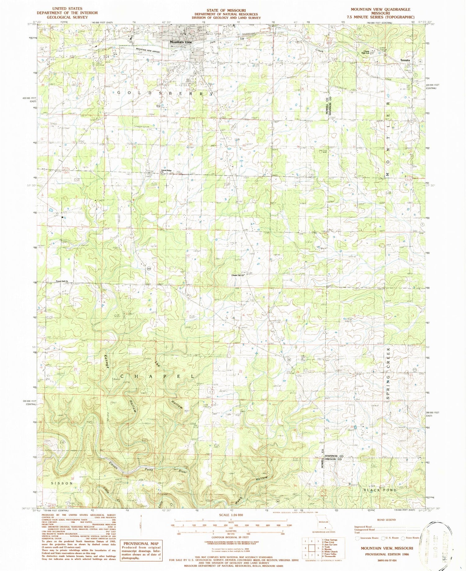 Classic USGS Mountain View Missouri 7.5'x7.5' Topo Map Image