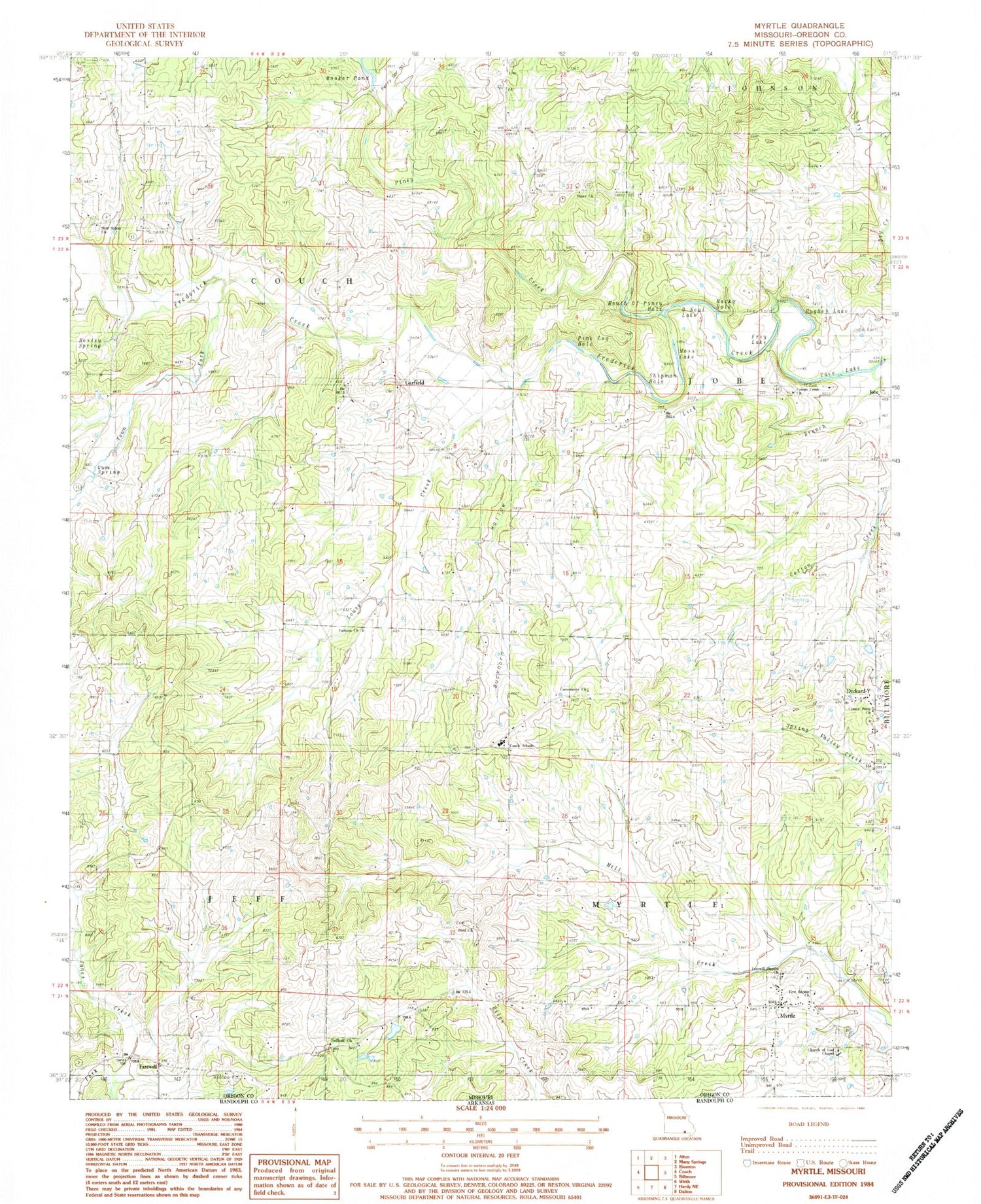 Classic USGS Myrtle Missouri 7.5'x7.5' Topo Map Image