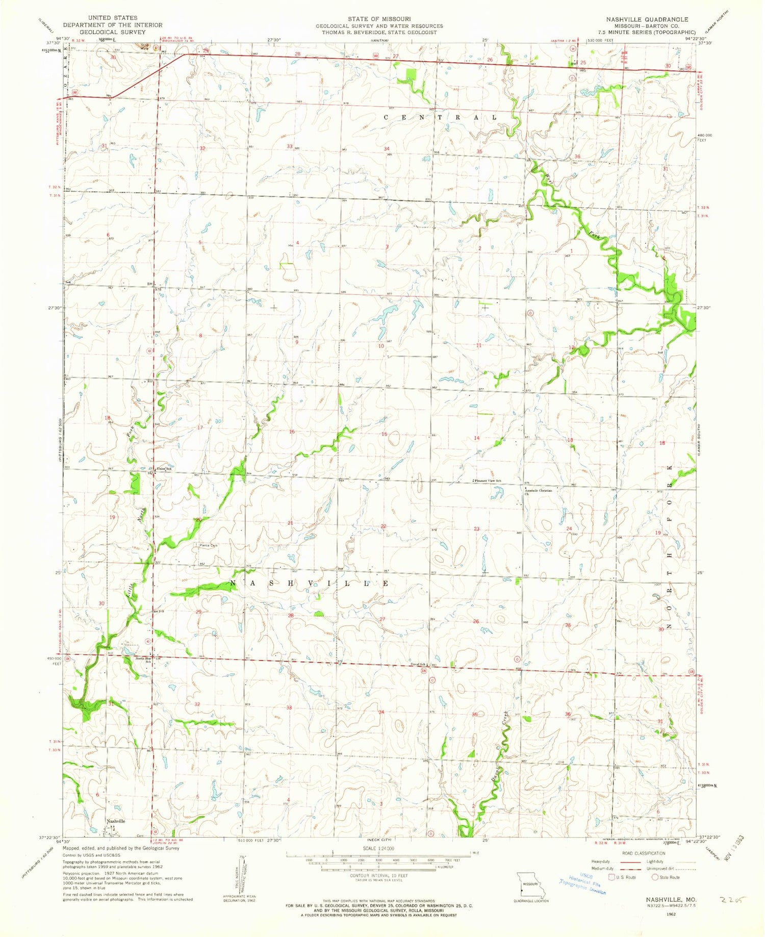 Classic USGS Nashville Missouri 7.5'x7.5' Topo Map Image