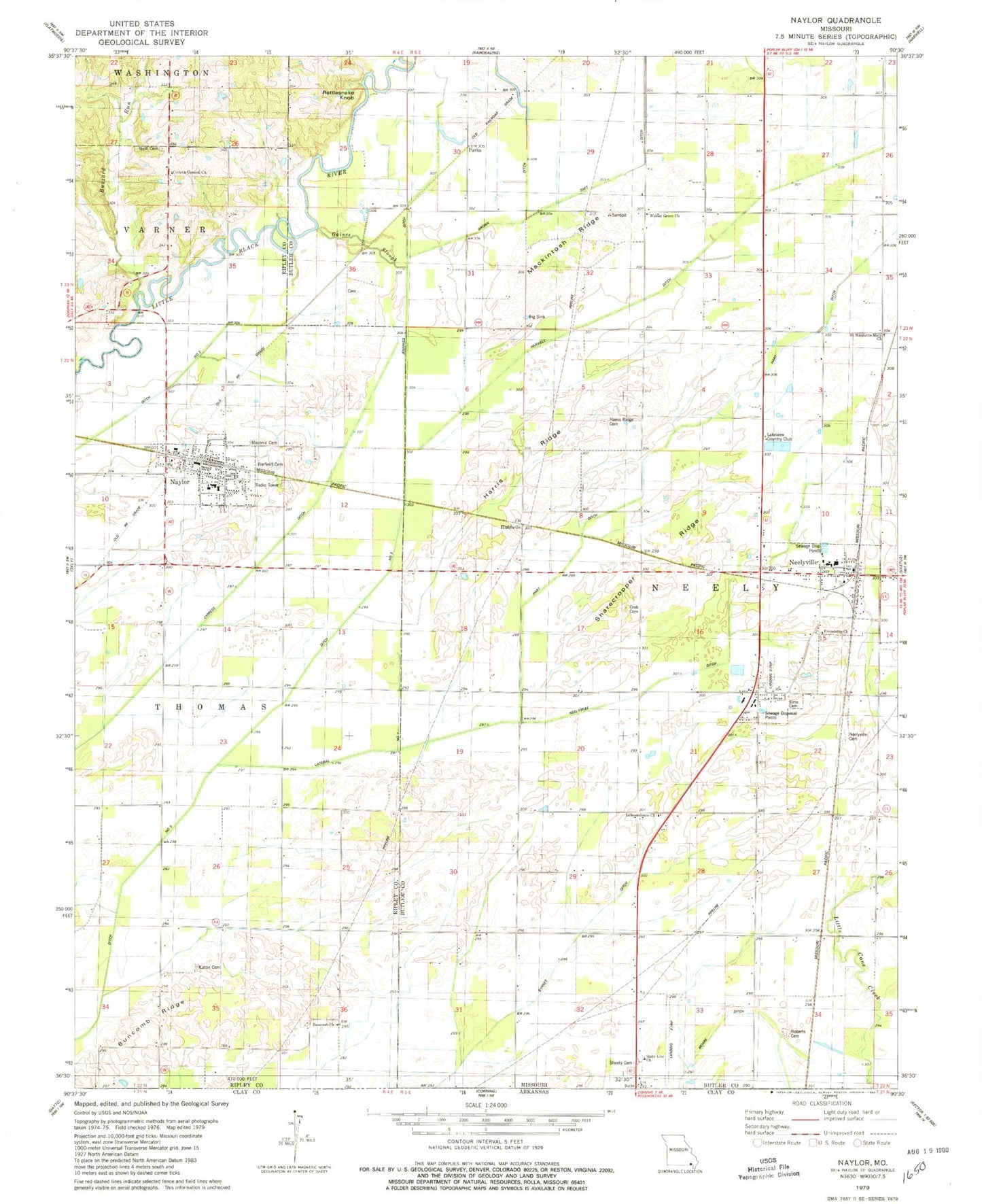 Classic USGS Naylor Missouri 7.5'x7.5' Topo Map Image