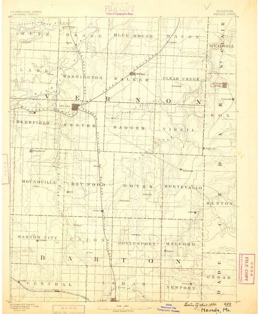 Historic 1886 Nevada Missouri 30'x30' Topo Map Image
