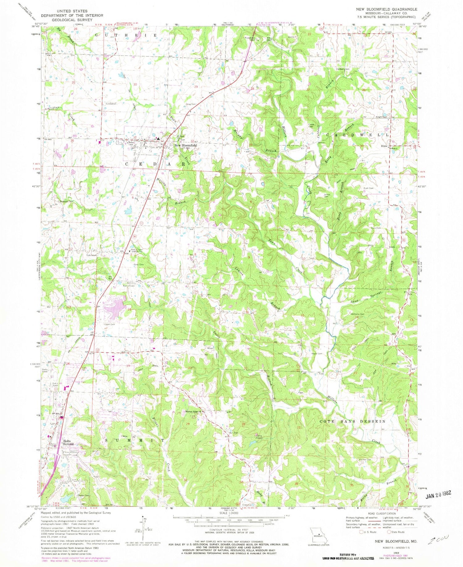 Classic USGS New Bloomfield Missouri 7.5'x7.5' Topo Map Image