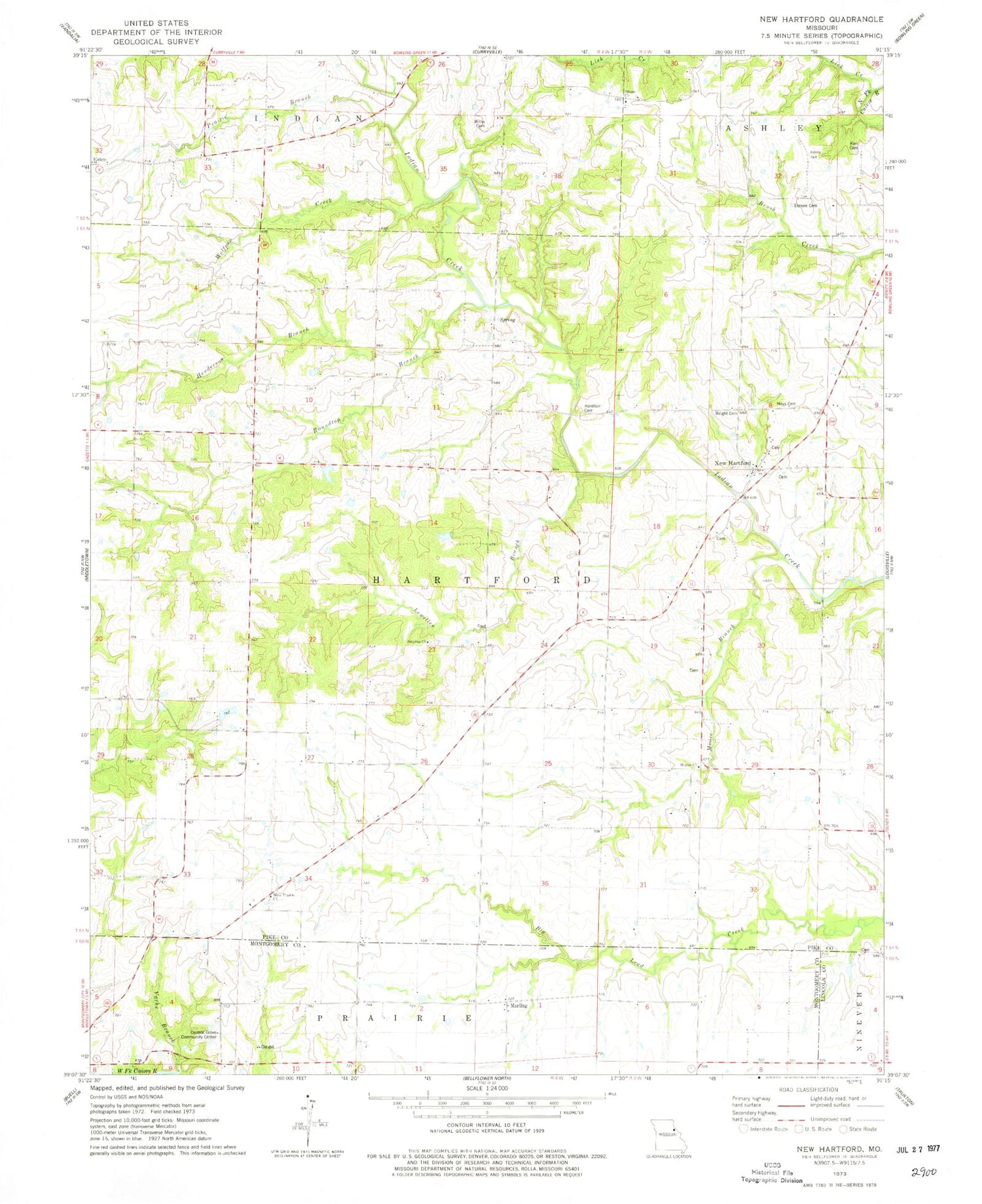 Classic USGS New Hartford Missouri 7.5'x7.5' Topo Map Image
