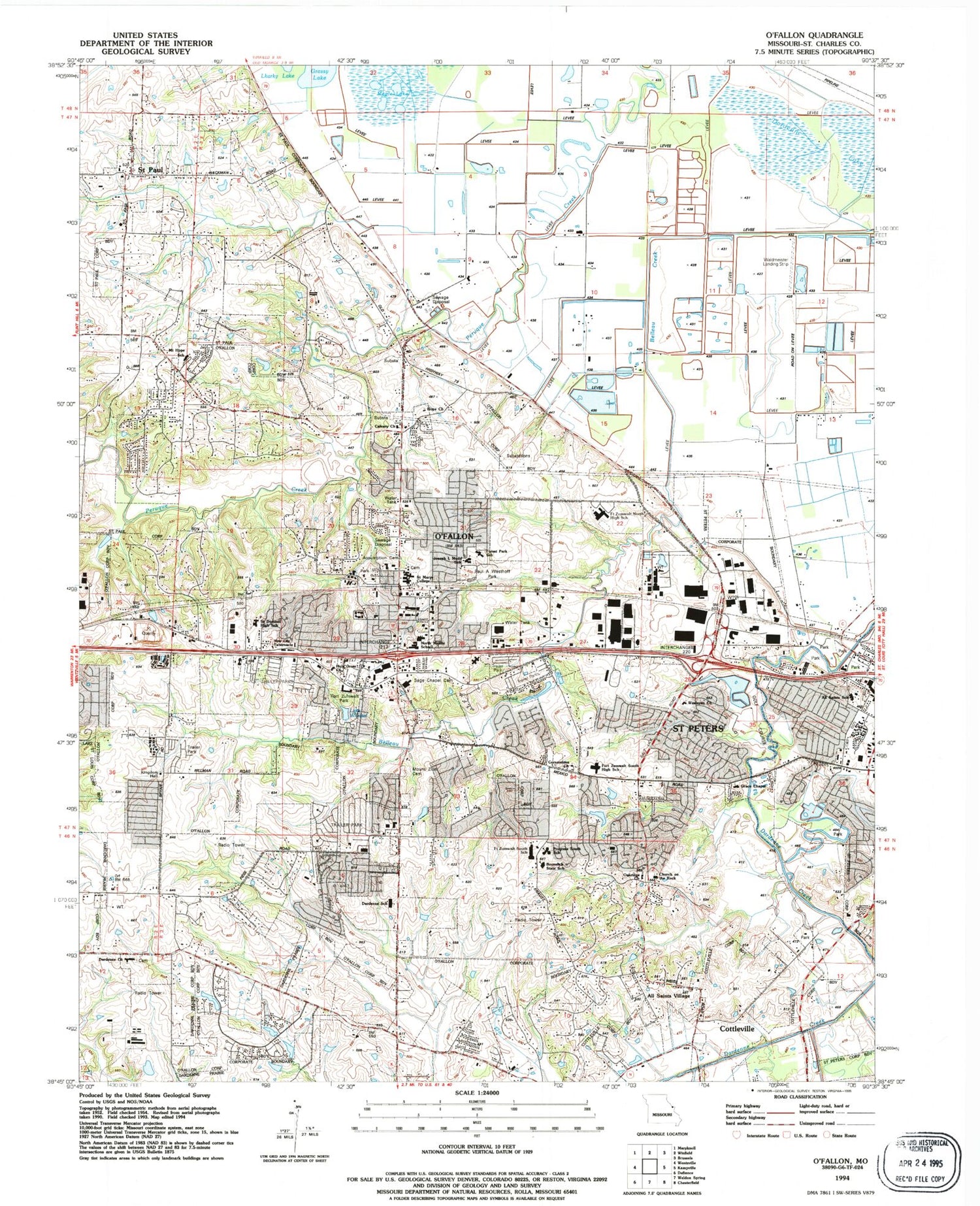 Classic USGS O'Fallon Missouri 7.5'x7.5' Topo Map Image
