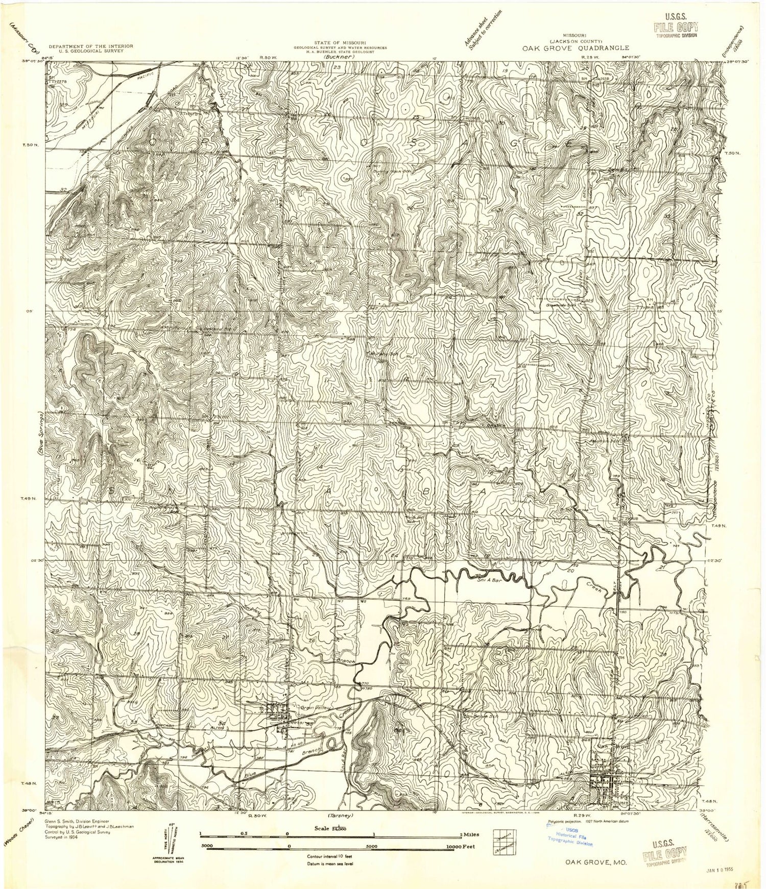 Classic USGS Oak Grove Missouri 7.5'x7.5' Topo Map Image