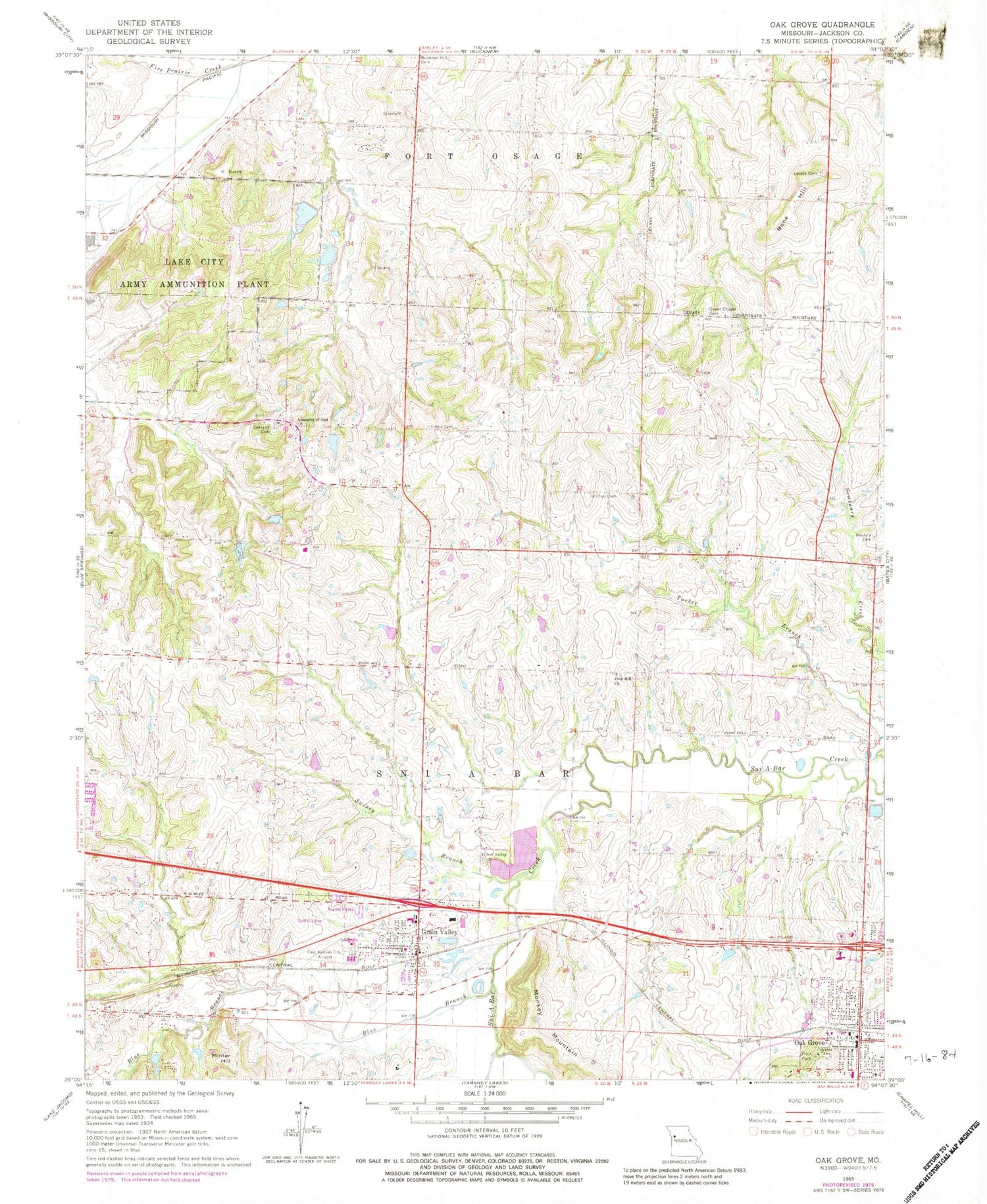 Classic USGS Oak Grove Missouri 7.5'x7.5' Topo Map Image