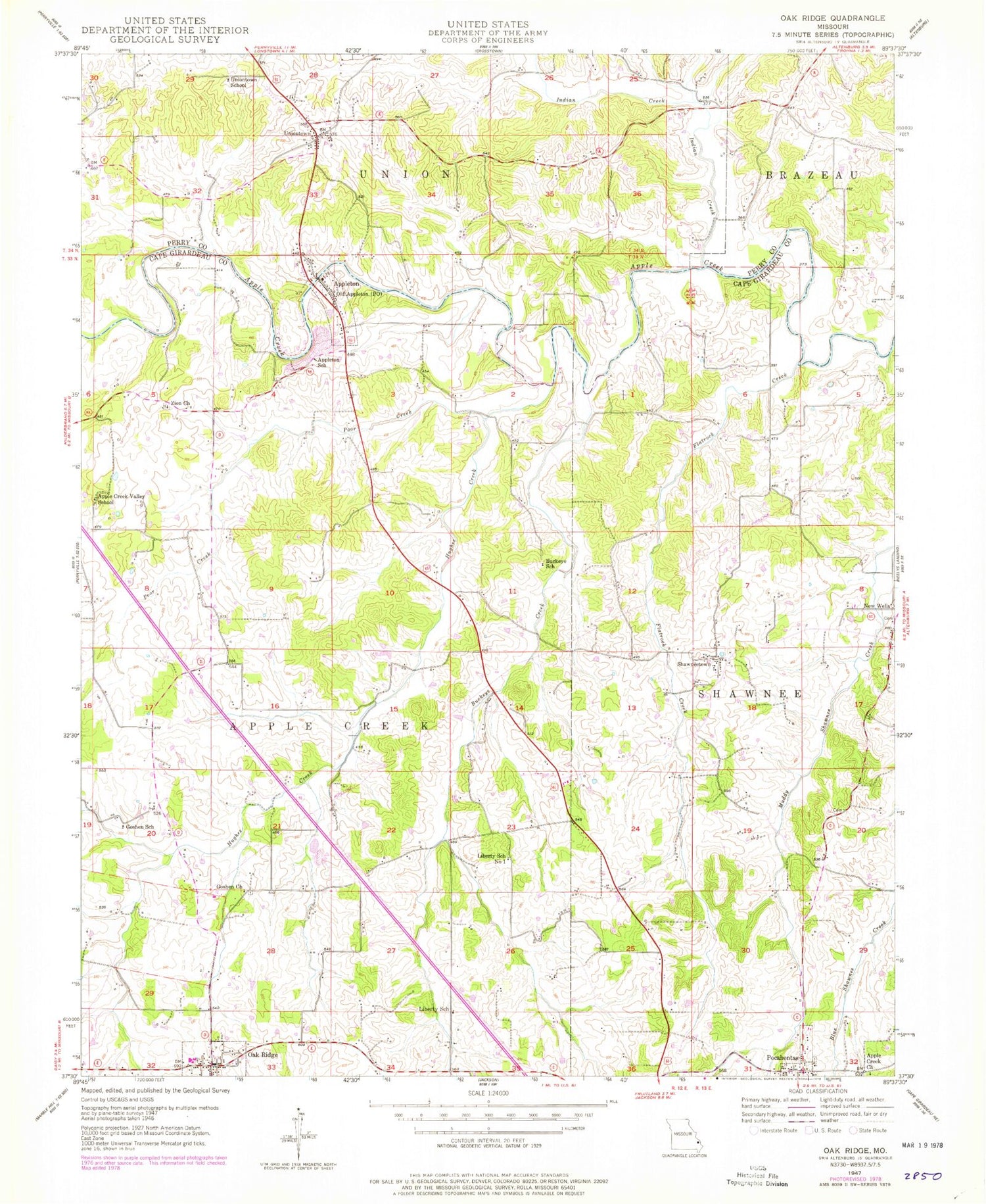 Classic USGS Oak Ridge Missouri 7.5'x7.5' Topo Map Image
