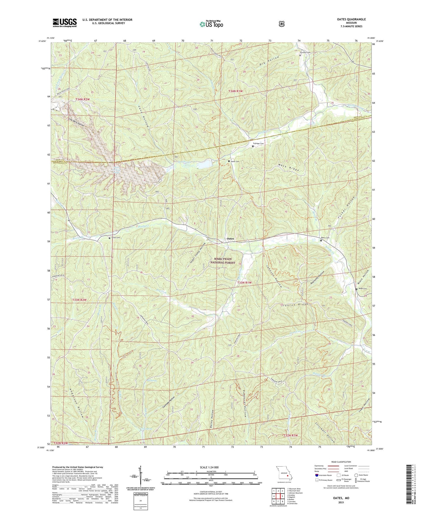 Oates Missouri US Topo Map Image