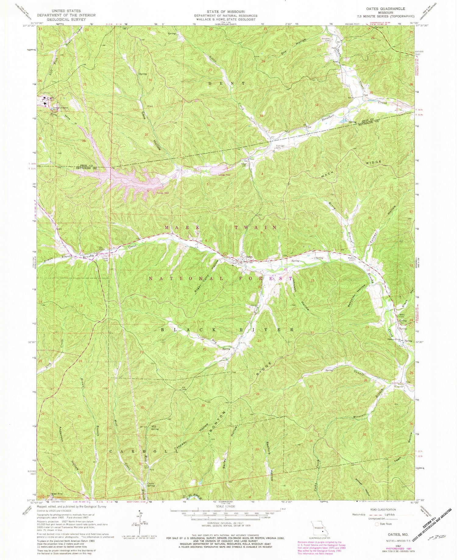Classic USGS Oates Missouri 7.5'x7.5' Topo Map Image