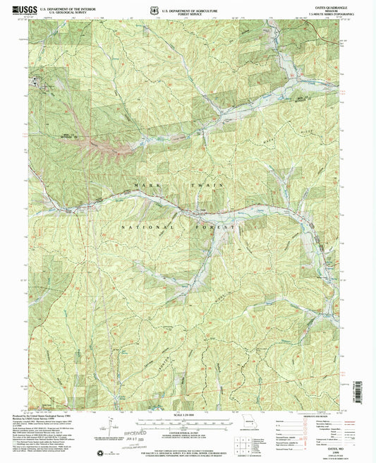 Classic USGS Oates Missouri 7.5'x7.5' Topo Map Image