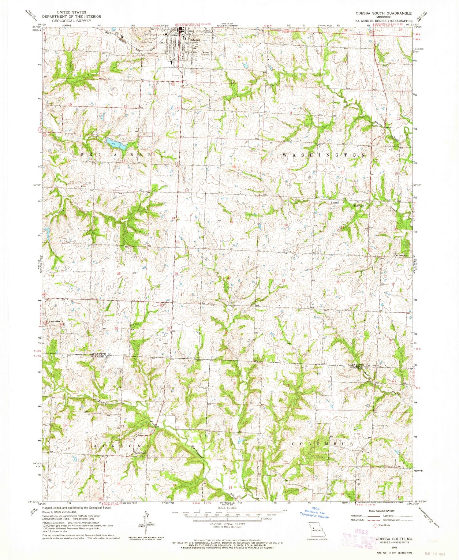 Classic USGS Odessa South Missouri 7.5'x7.5' Topo Map Image