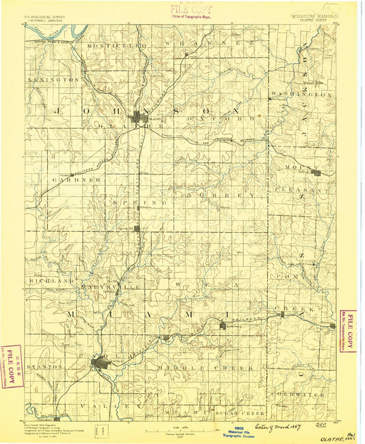 Historic 1887 Olathe Kansas 30'x30' Topo Map Image