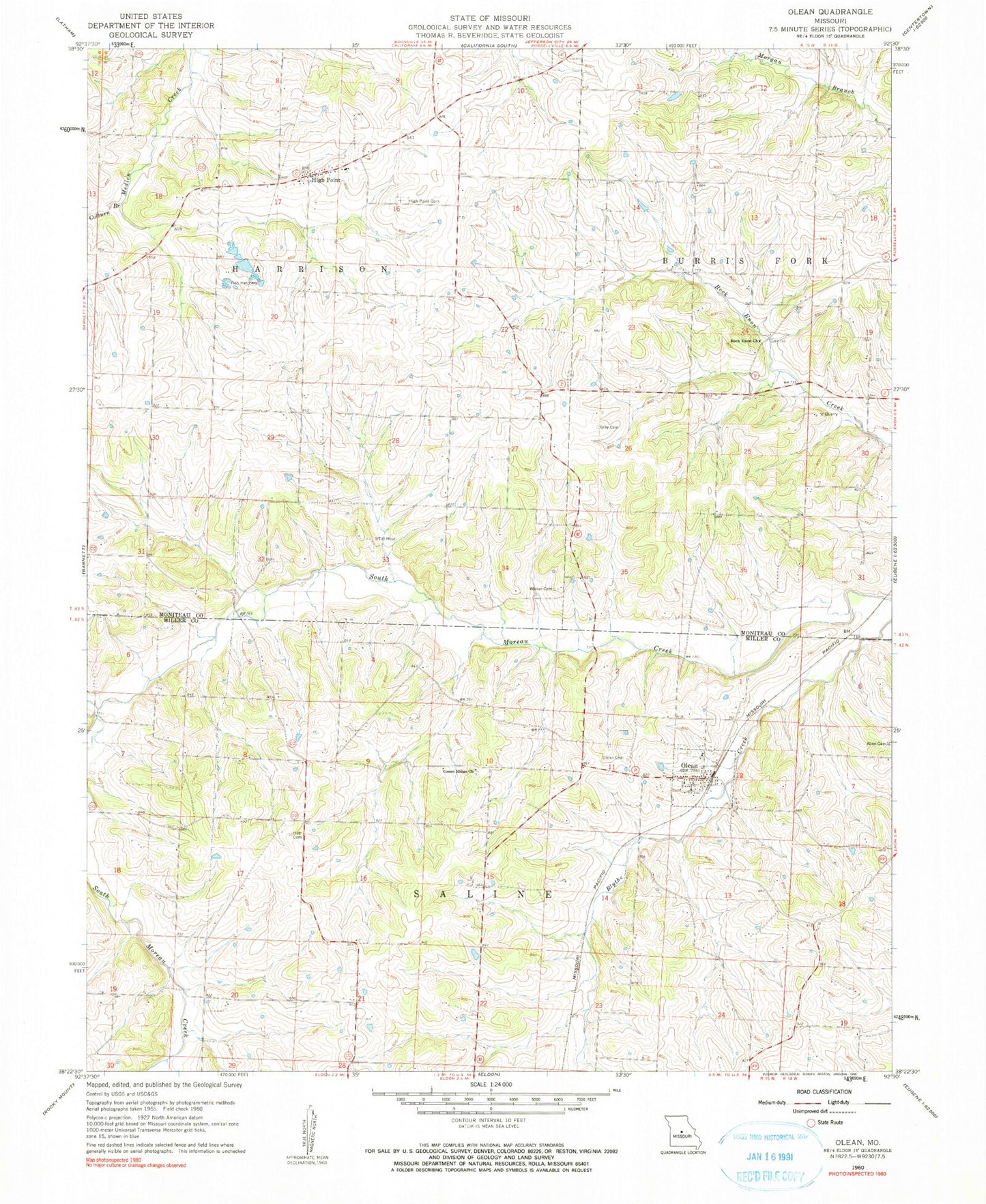 Classic USGS Olean Missouri 7.5'x7.5' Topo Map Image