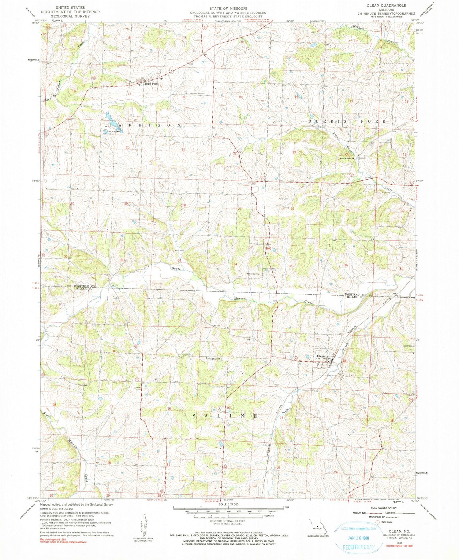 Classic USGS Olean Missouri 7.5'x7.5' Topo Map Image
