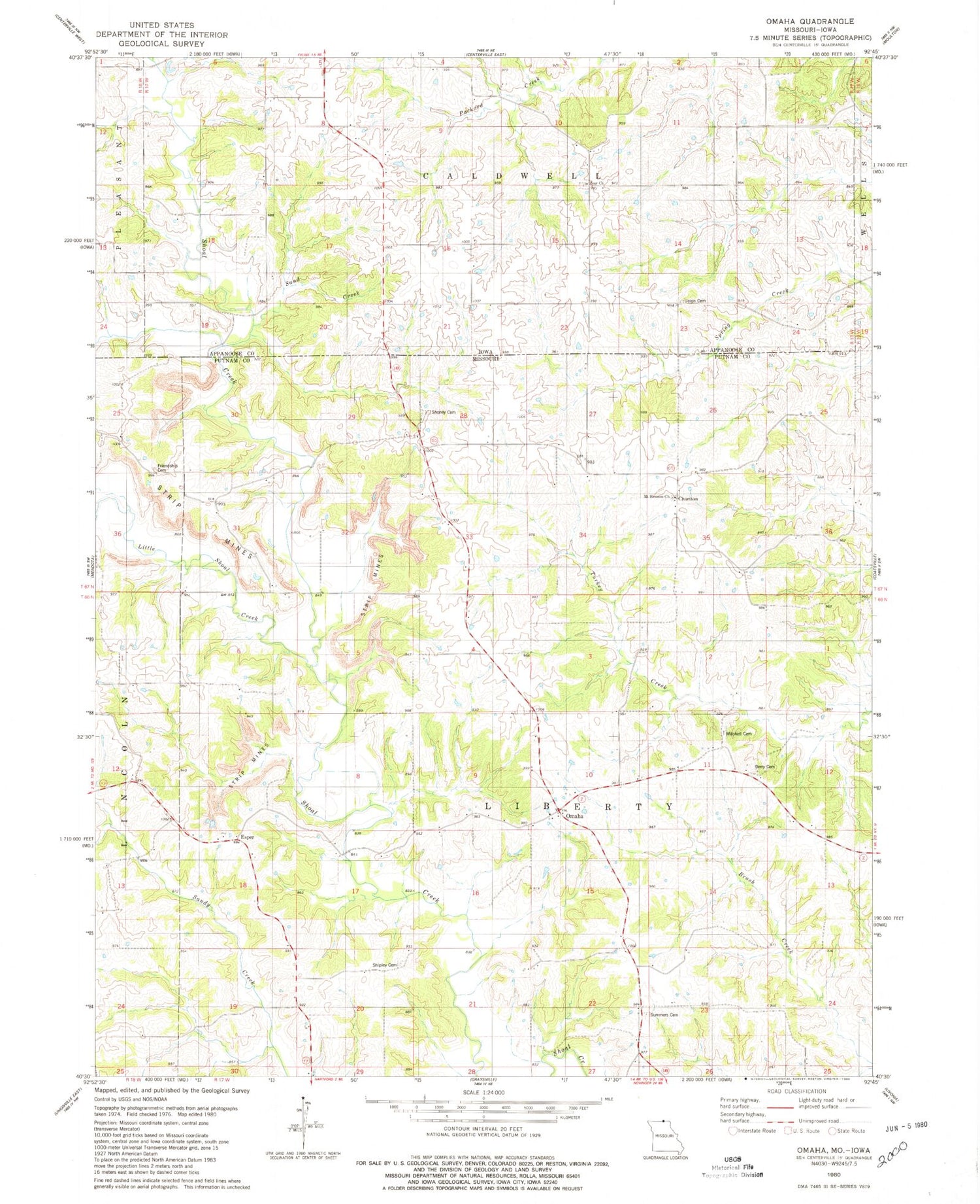 Classic USGS Omaha Missouri 7.5'x7.5' Topo Map Image