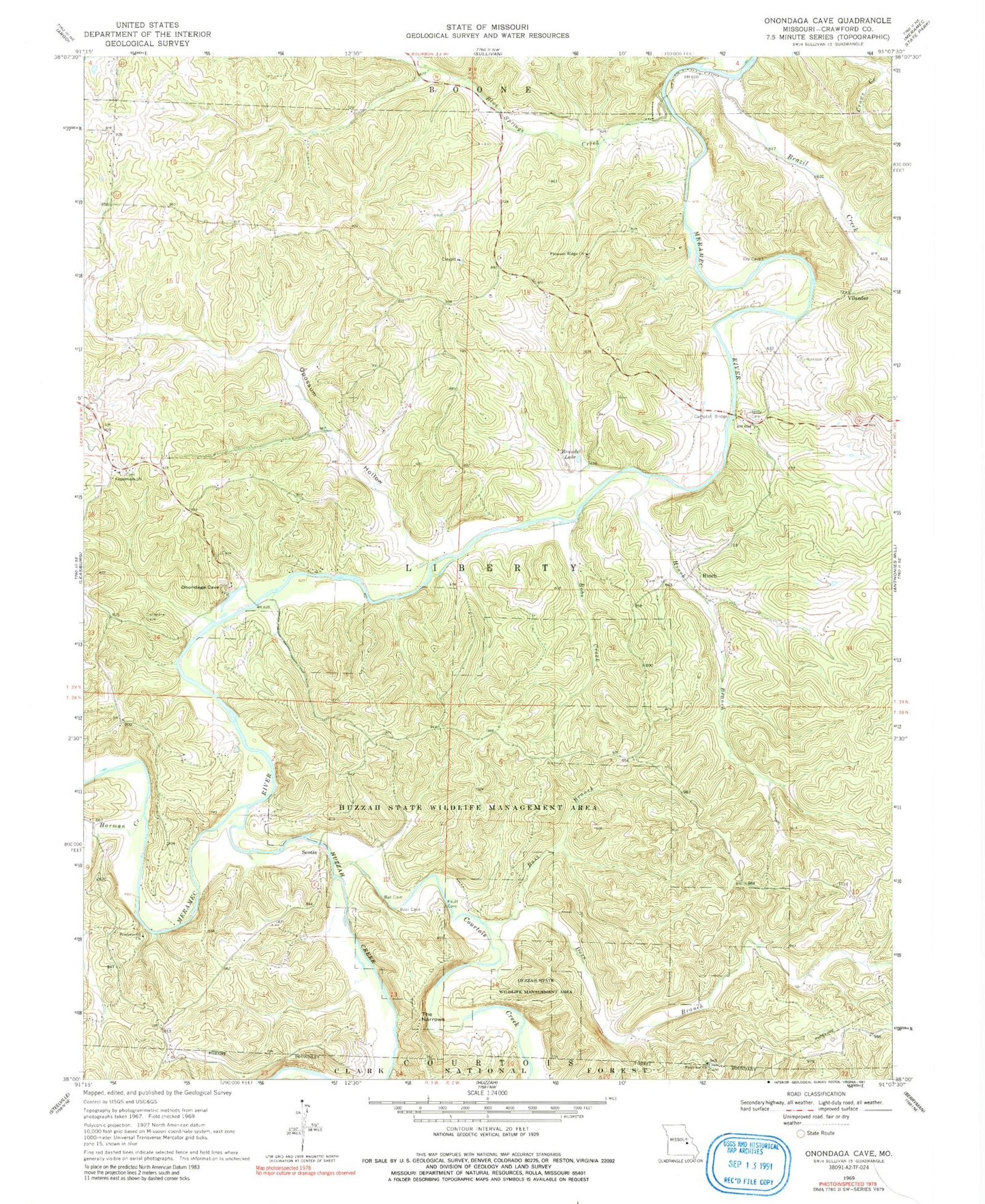 Classic USGS Onondaga Cave Missouri 7.5'x7.5' Topo Map Image