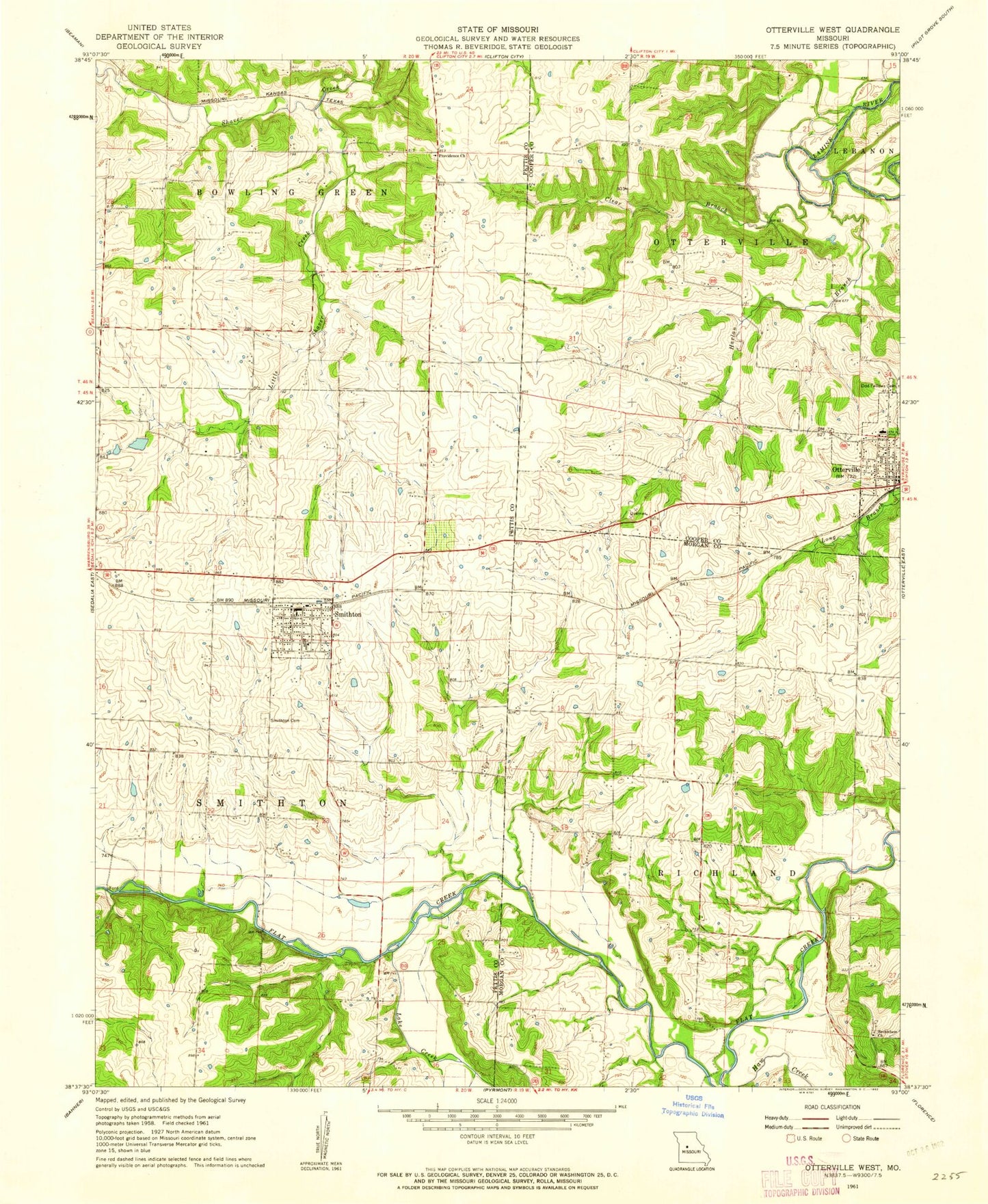 Classic USGS Otterville West Missouri 7.5'x7.5' Topo Map Image