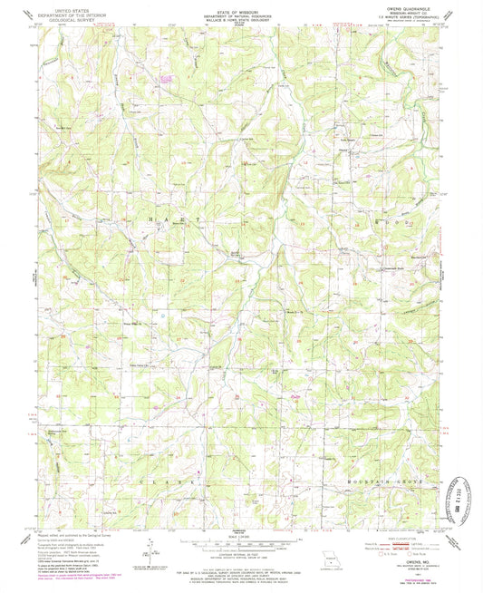 Classic USGS Owens Missouri 7.5'x7.5' Topo Map Image
