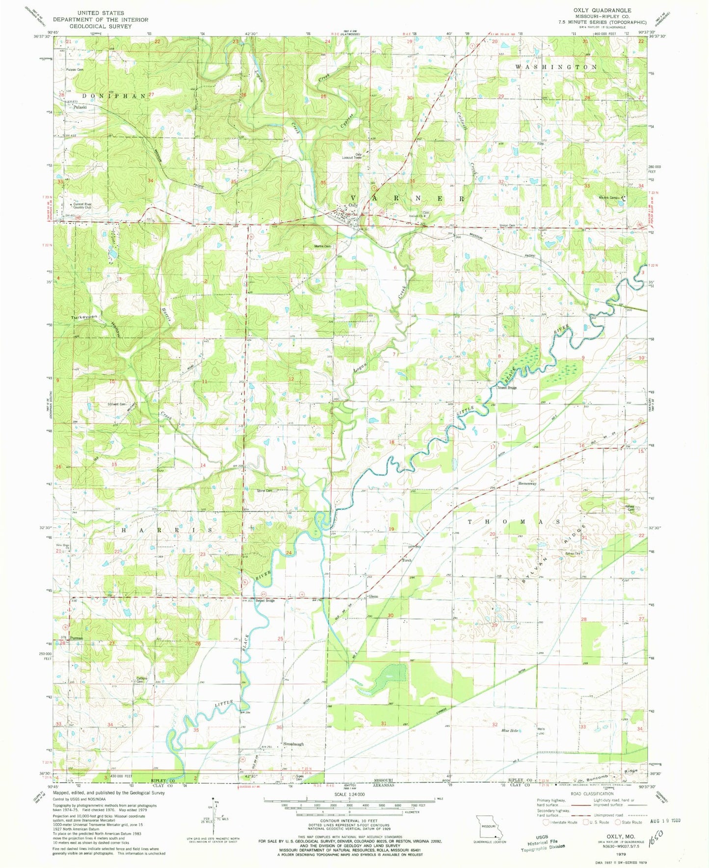 Classic USGS Oxly Missouri 7.5'x7.5' Topo Map Image