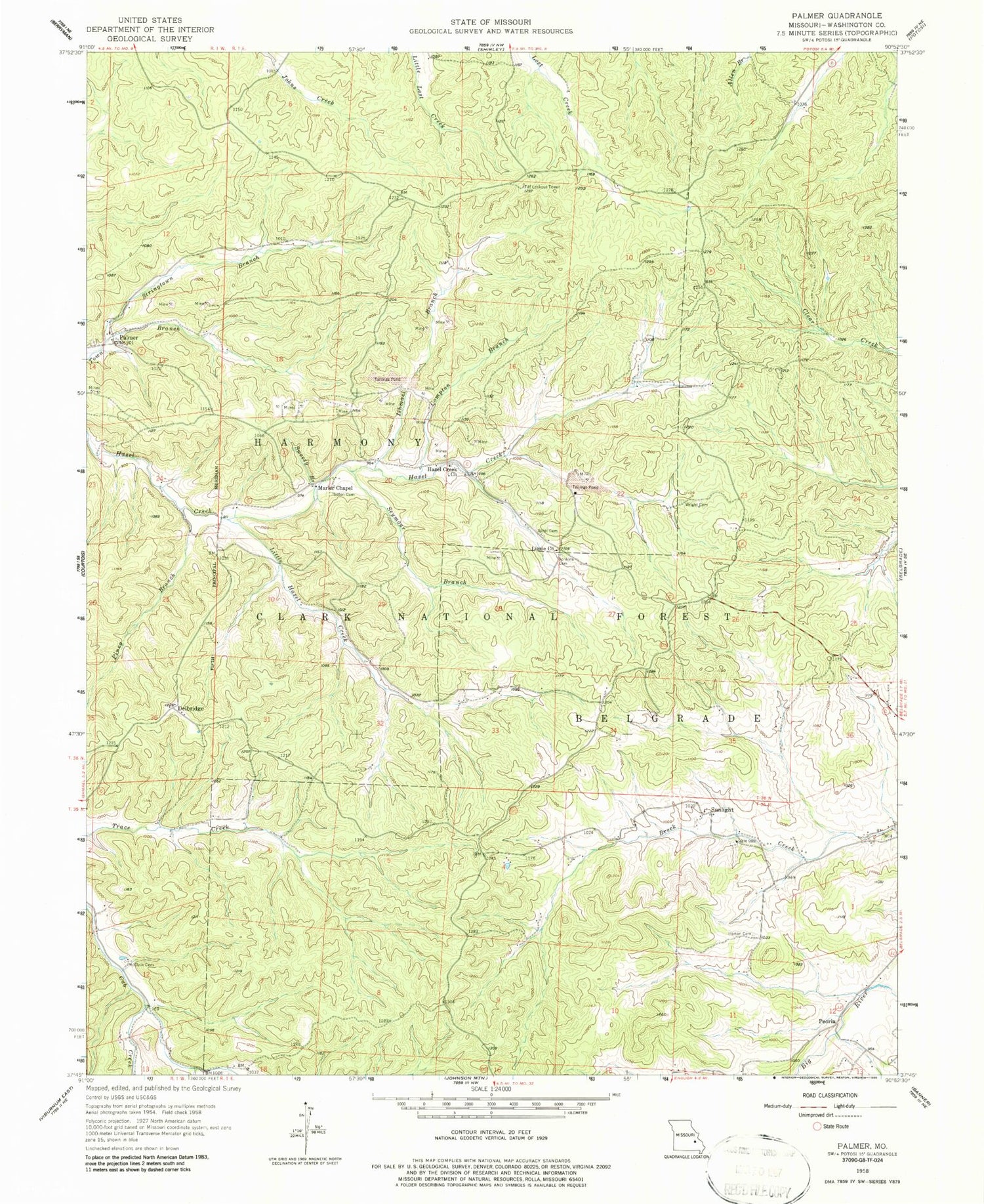 Classic USGS Palmer Missouri 7.5'x7.5' Topo Map Image