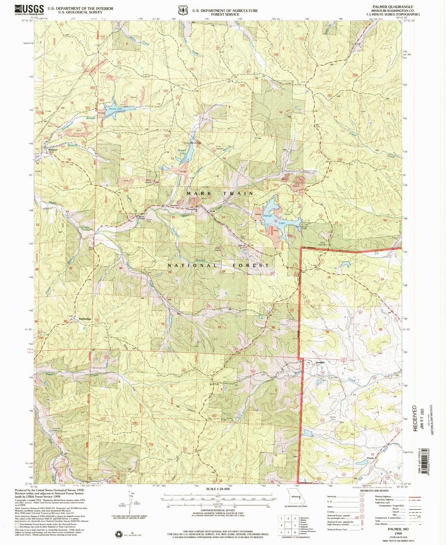 Classic USGS Palmer Missouri 7.5'x7.5' Topo Map Image
