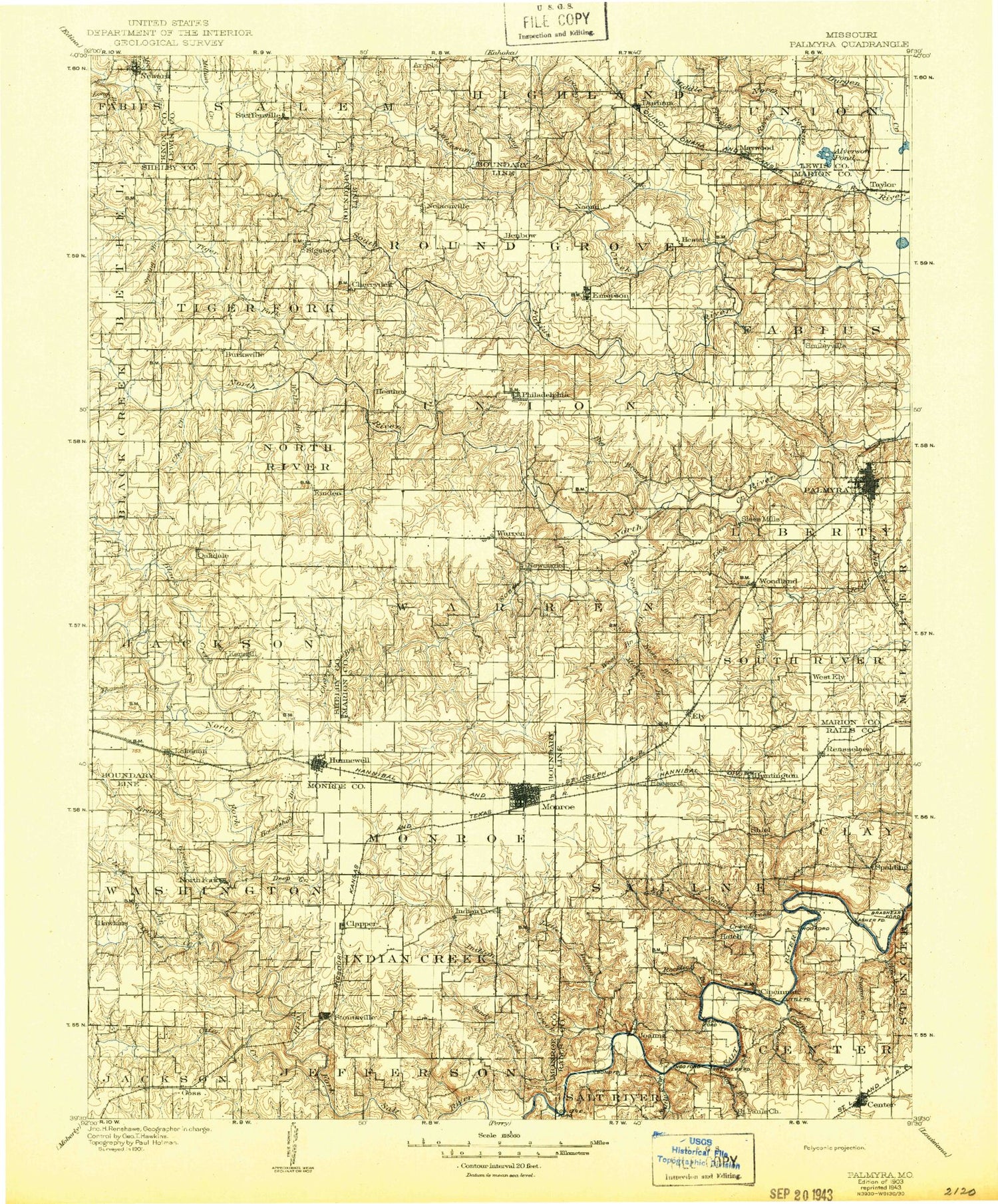 Historic 1903 Palmyra Missouri 30'x30' Topo Map Image