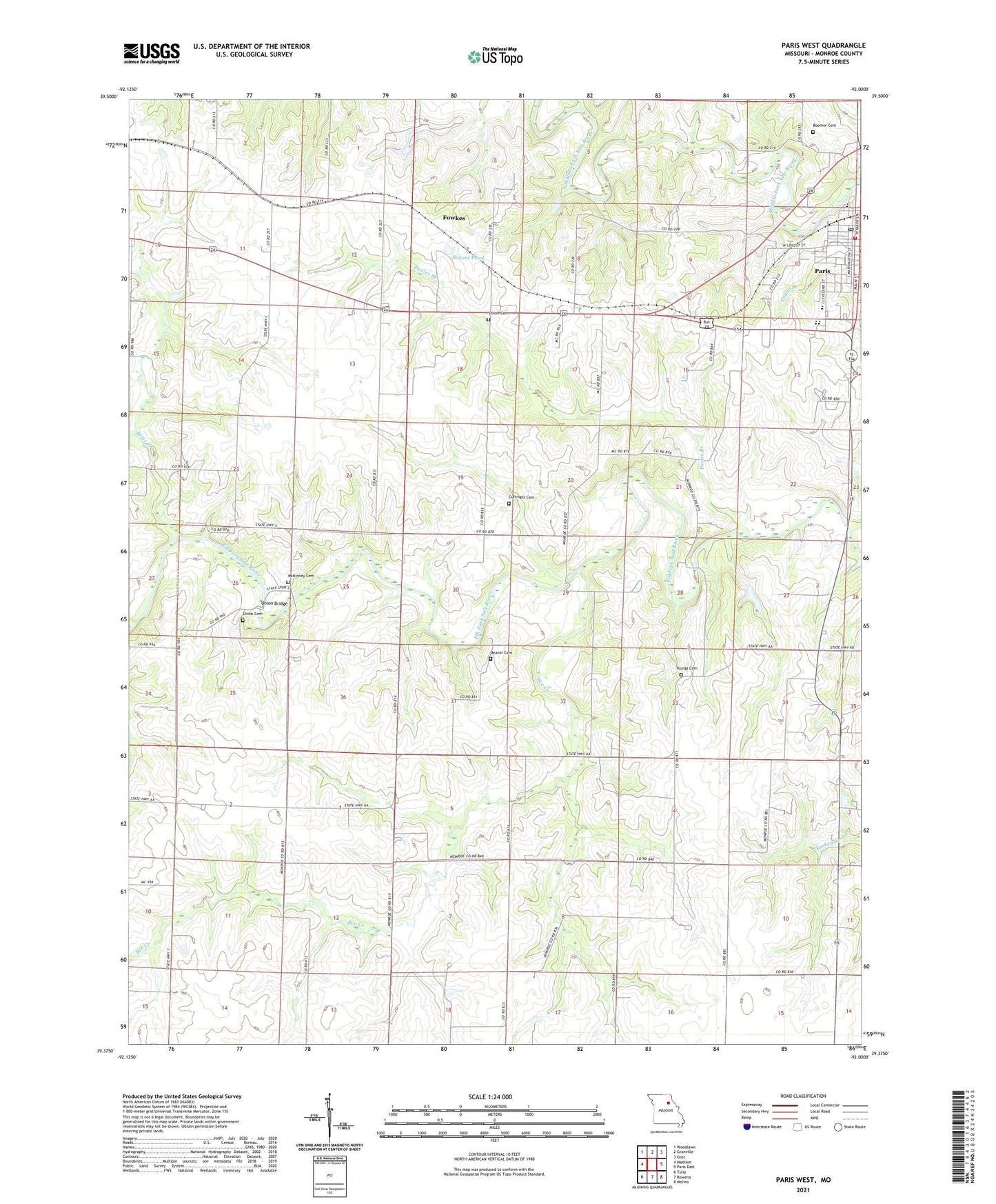 Paris West Missouri US Topo Map Image