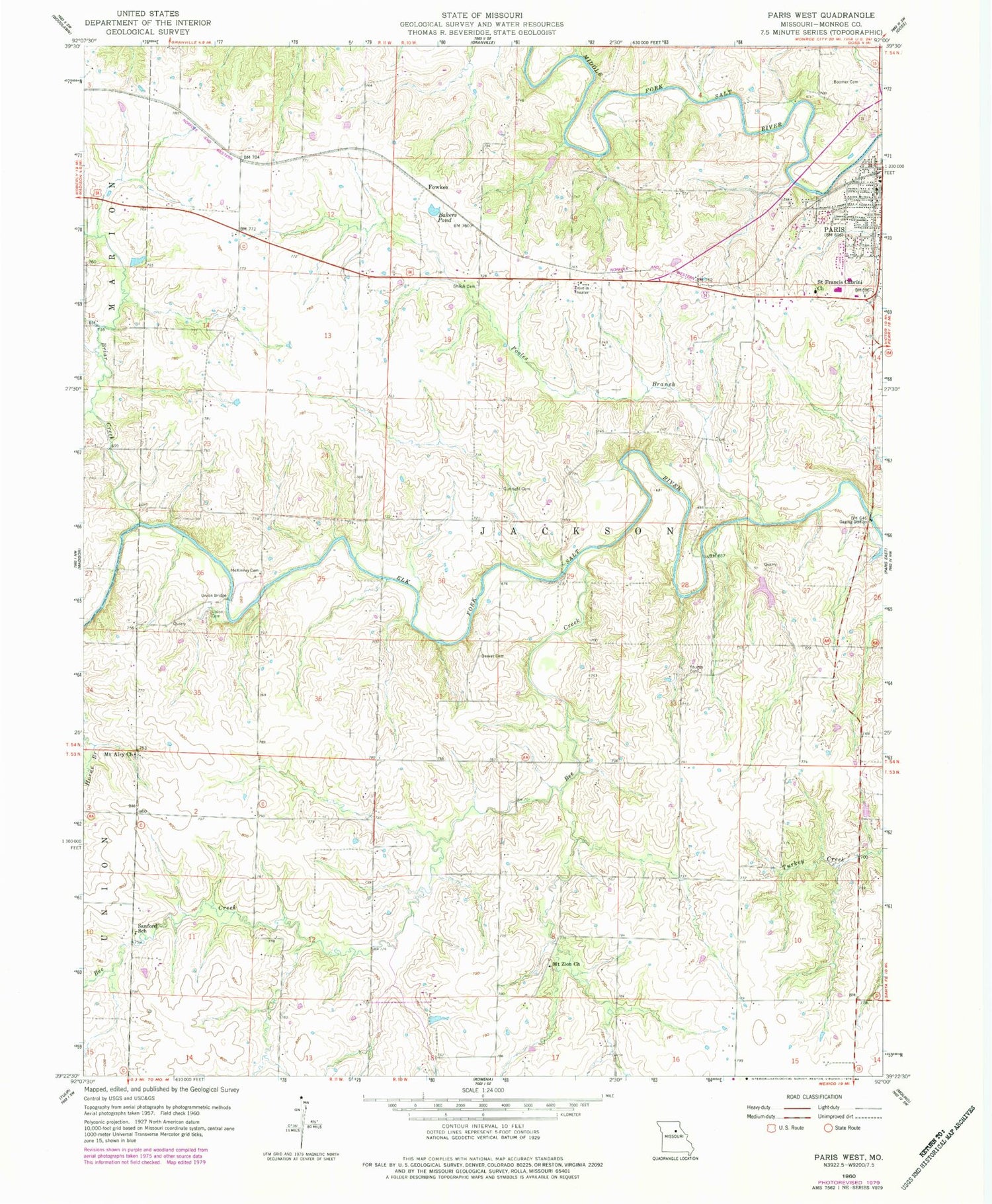 Classic USGS Paris West Missouri 7.5'x7.5' Topo Map Image