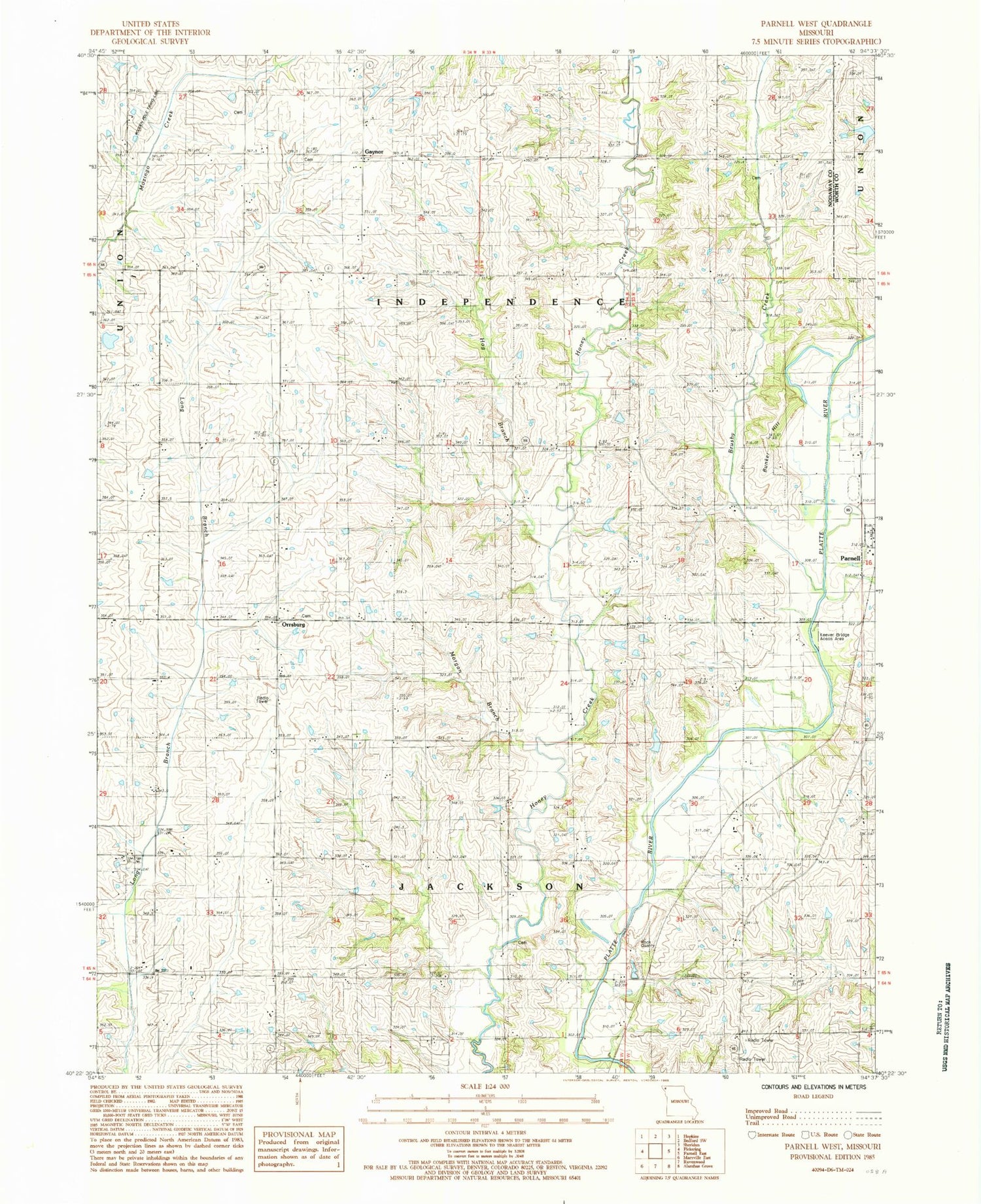 Classic USGS Parnell West Missouri 7.5'x7.5' Topo Map Image